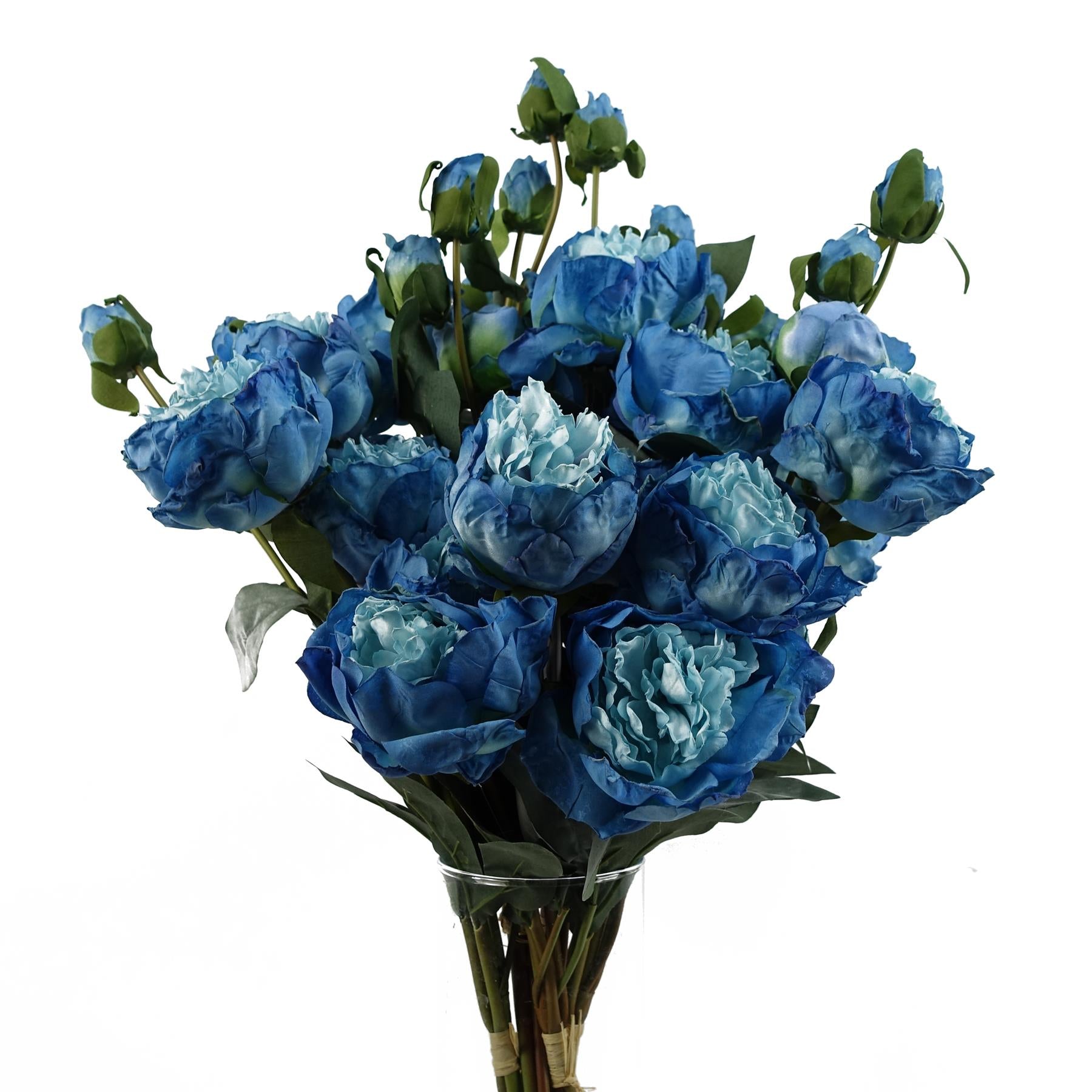 Leaf Blue Peony Artificial Flower Stem Bundles 6 x 55cm - 24 Flowers, 18 Buds