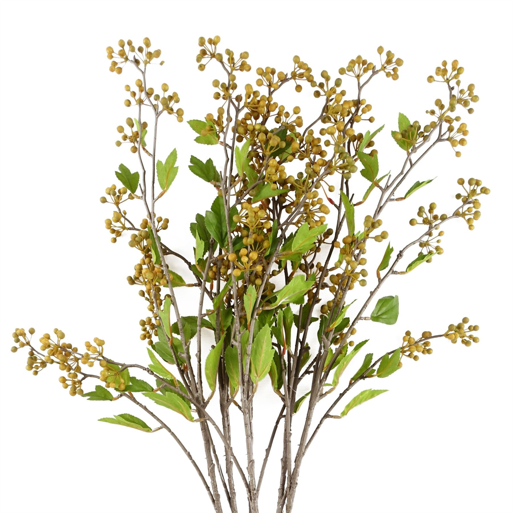 Leaf Pack of 6 Artificial Yellow Berry Stems with Silk Leaves, 90cm
