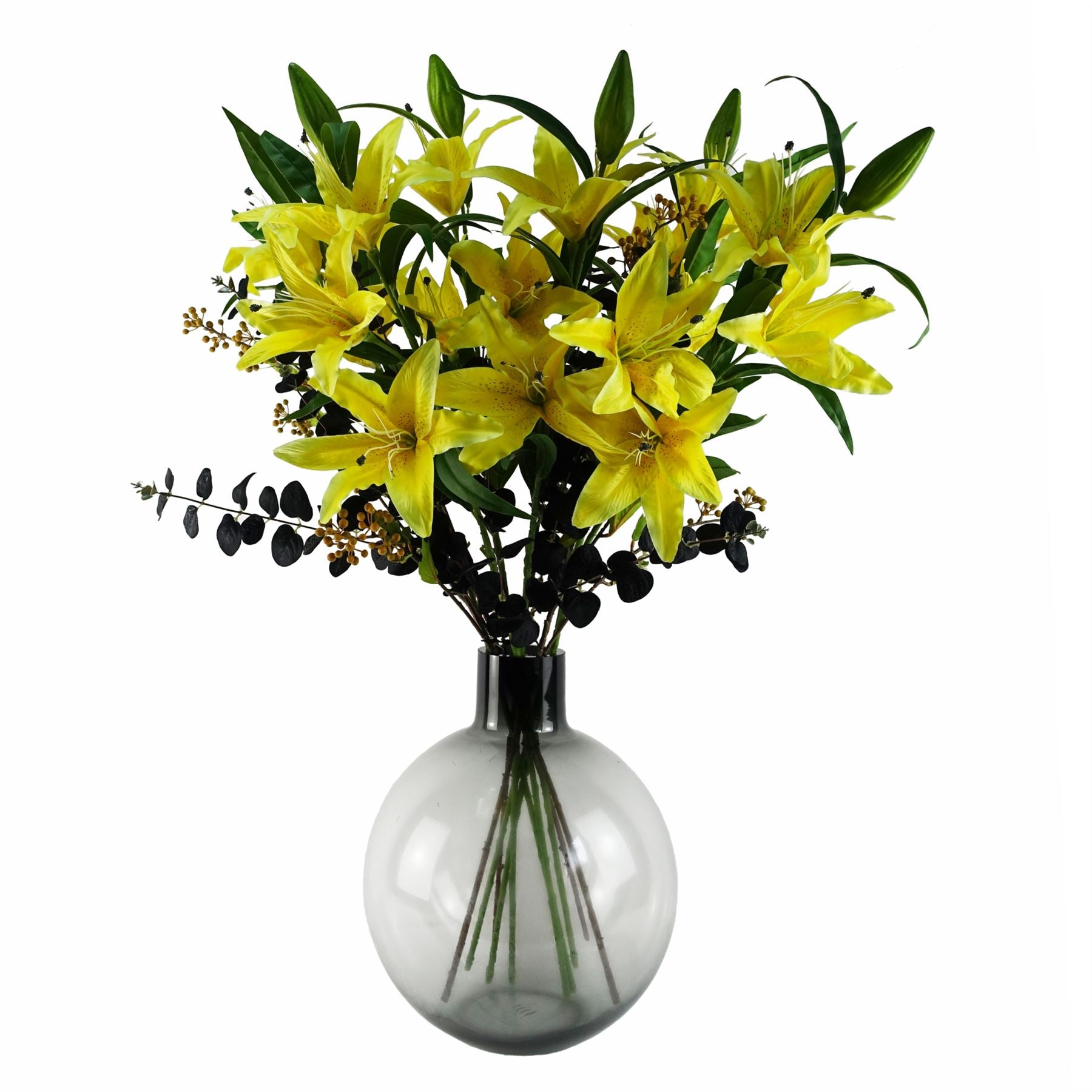 Leaf 100cm Artificial Yellow Lily and Black Eucalyptus Arrangement with Grey Smoke Bottle Glass Vase