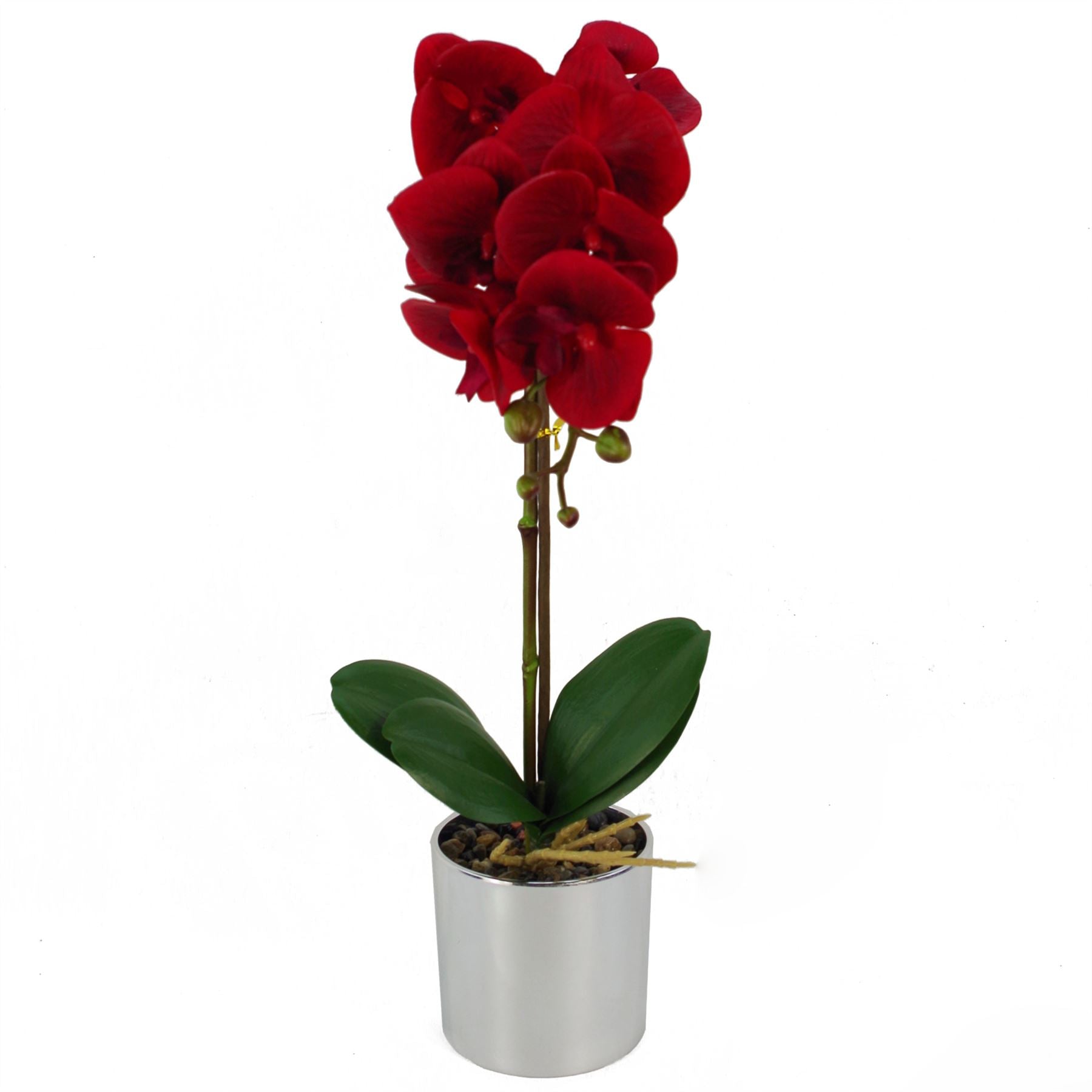 Leaf 46cm Artificial Red Orchid with Real Touch Leaves, 7 Flowers and Silver Pot