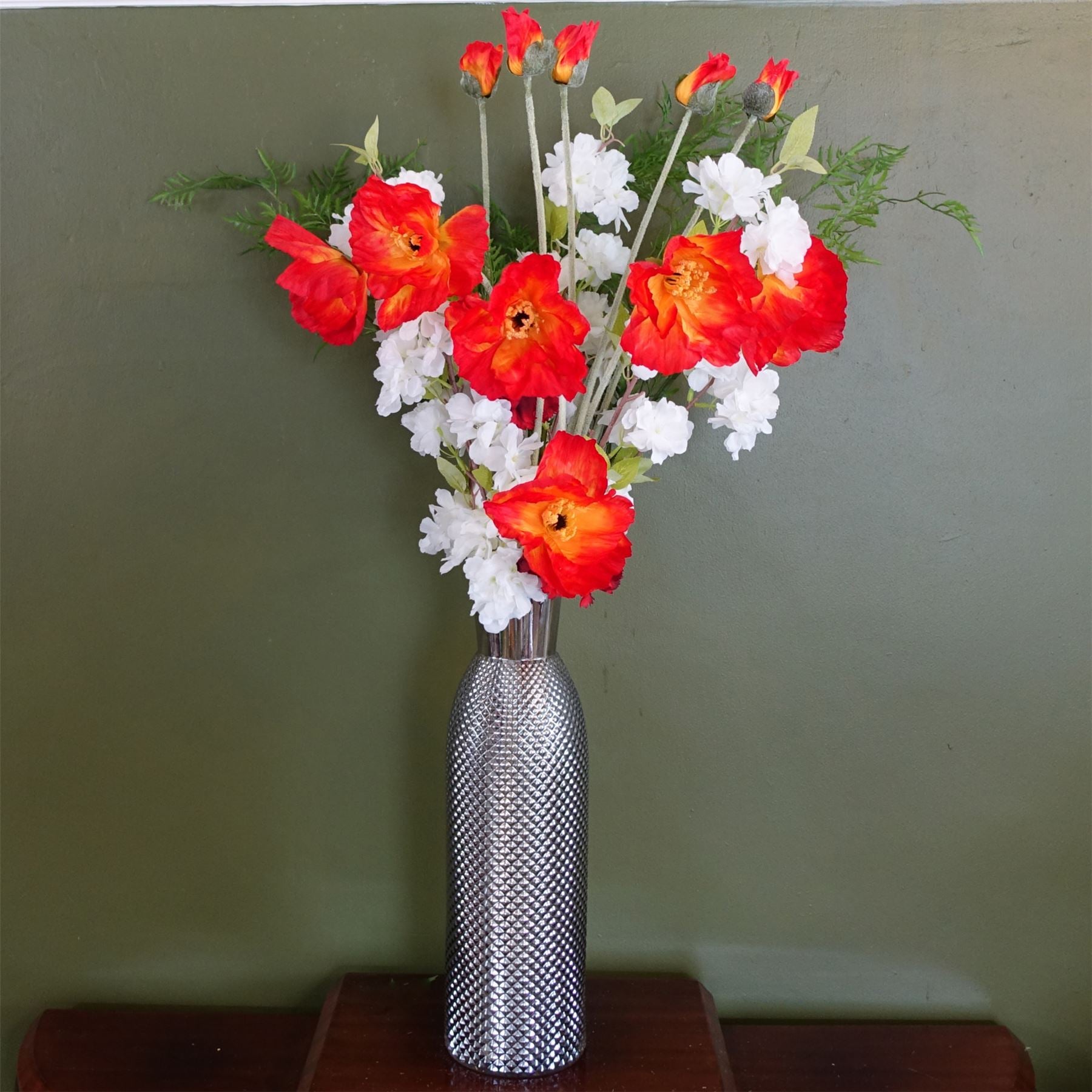 Leaf 100cm Poppy and White Blossom Arrangement with Smoke Grey Glass Vase