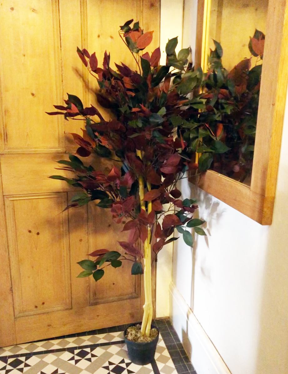 Leaf 120cm Artificial Red and Green Capensia Style Tree with Real Wood Trunk and Weighted Yellow-Finish Pot