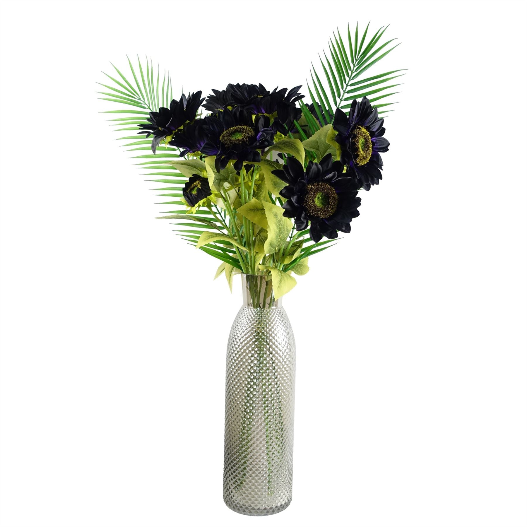 Leaf 100cm Purple Artificial Sunflower Arrangement with Smoke Grey Diamond Tall Glass Vase