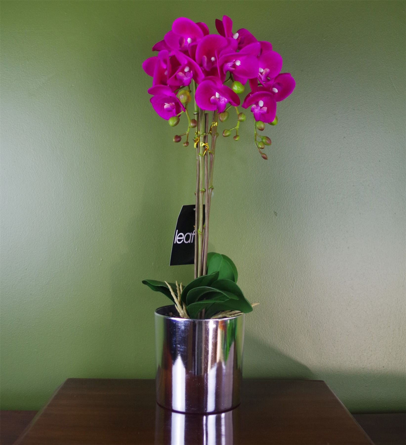 Leaf 52cm Artificial Orchid Plant with Real Touch Leaves, Dark Pink Flowers, Silver Decorative Pot