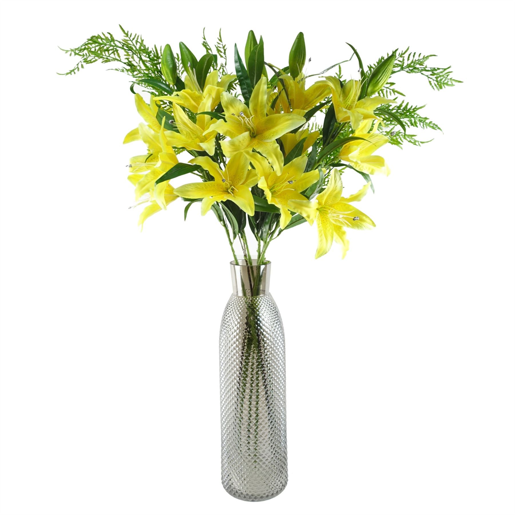 Leaf 100cm Yellow Lily and Fern Artificial Flower Arrangement with Smoke Grey Glass Vase
