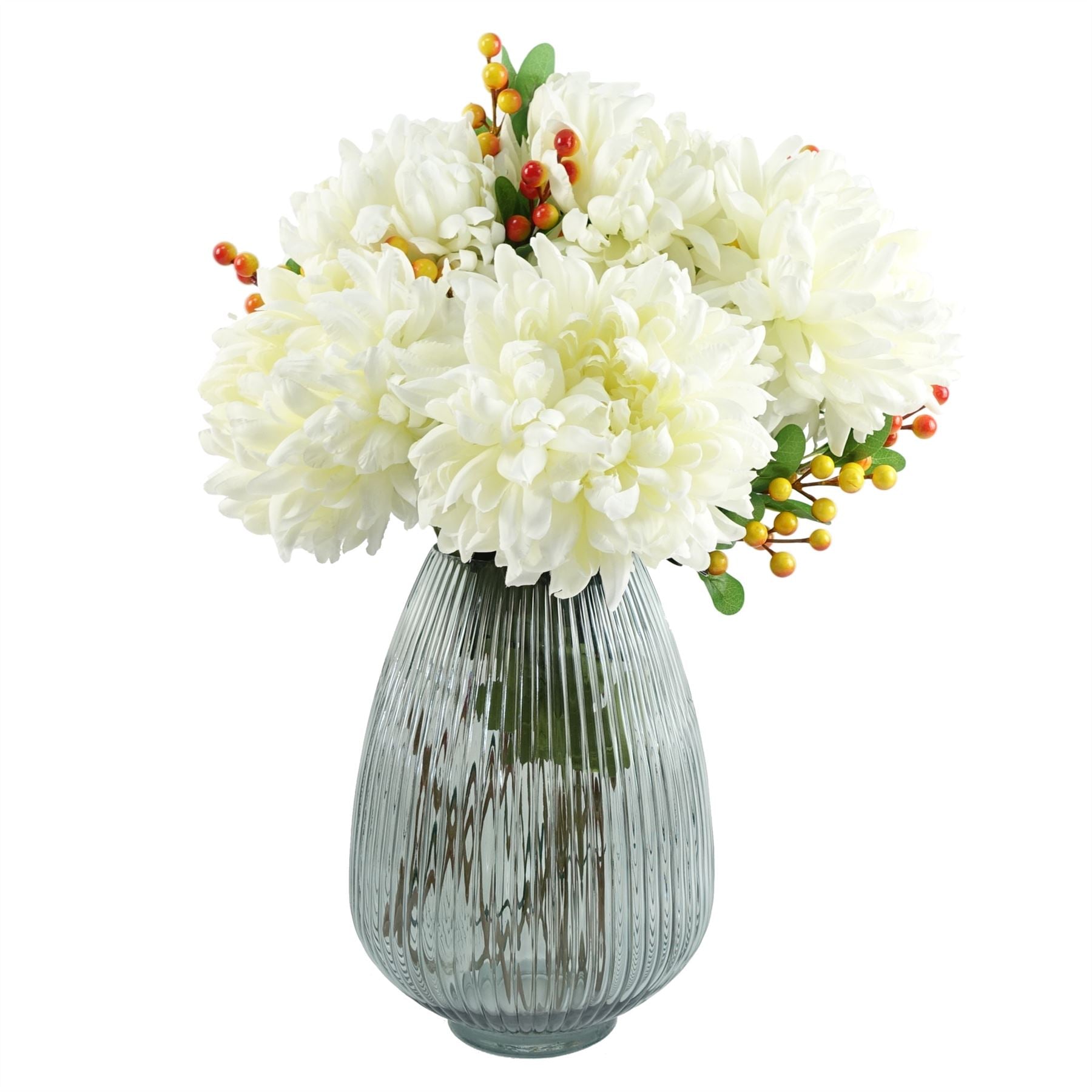 50cm Artificial Chrysanthemum Arrangement in Smoke Grey Glass Vase