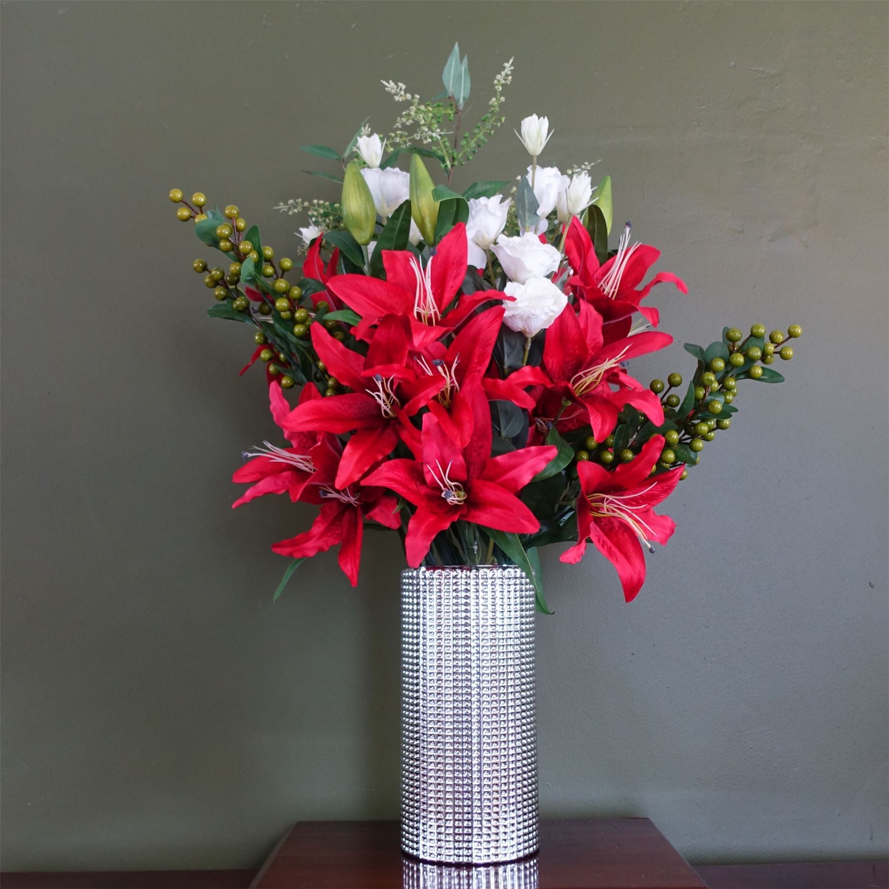 Artificial Red Lily Arrangement in Silver Glass Vase, 80cm Complete Pack