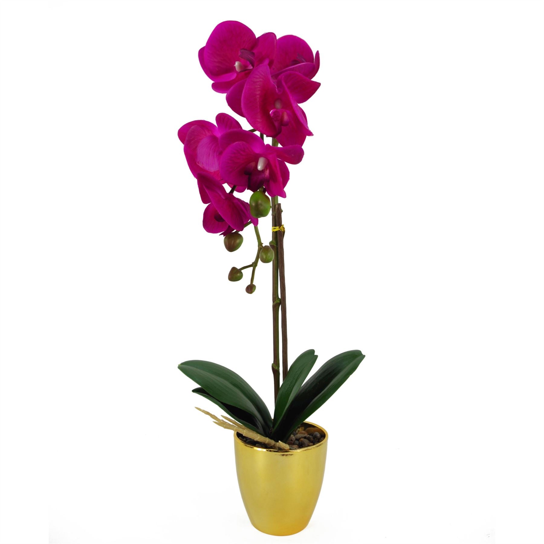 Leaf 46cm Artificial Orchid Plant Dark Pink/Gold, Real Touch Leaves, 6 Flowers, Decorative Pot