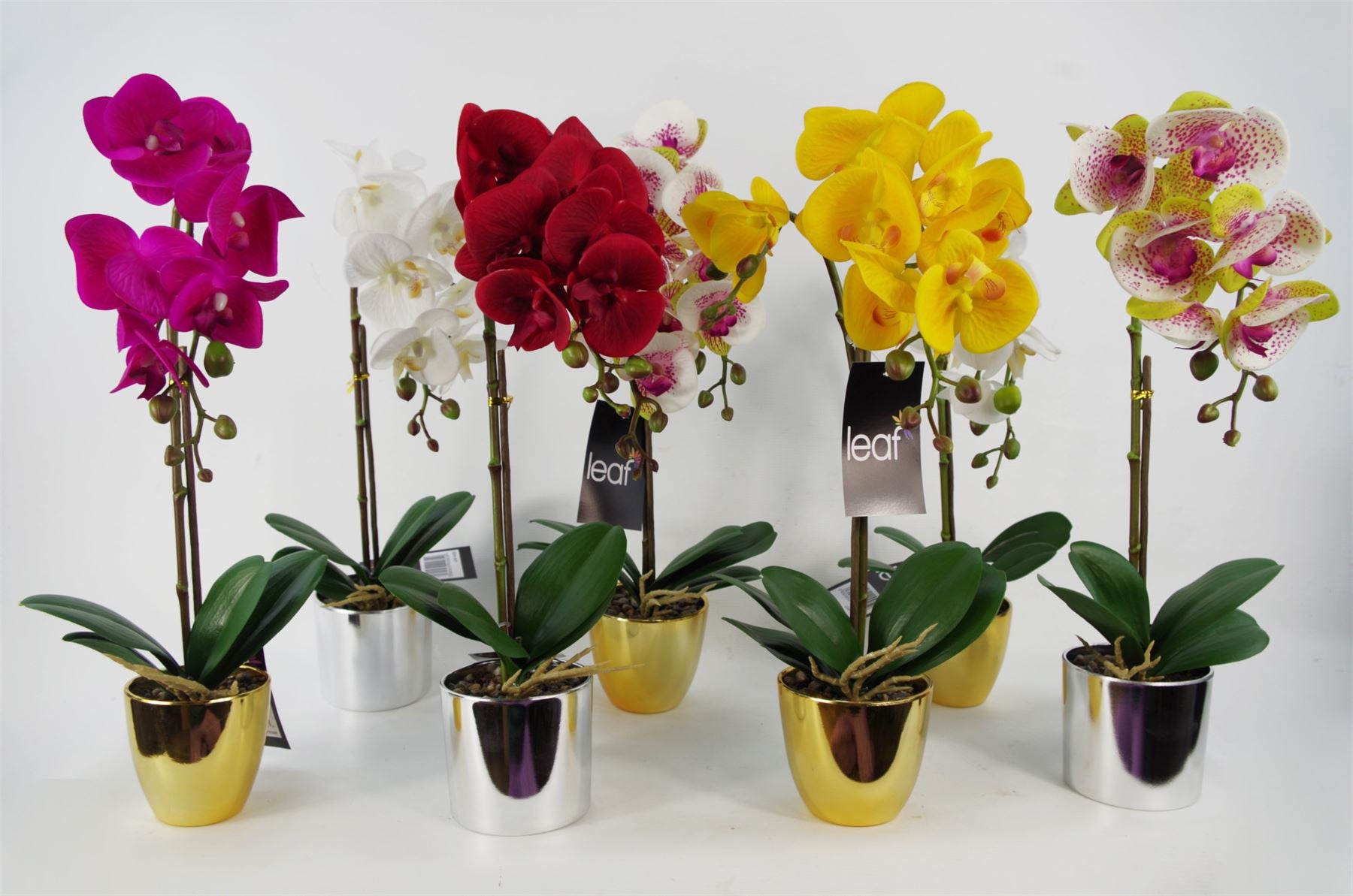 Leaf 46cm Artificial Orchid Plant Dark Pink/Gold, Real Touch Leaves, 6 Flowers, Decorative Pot