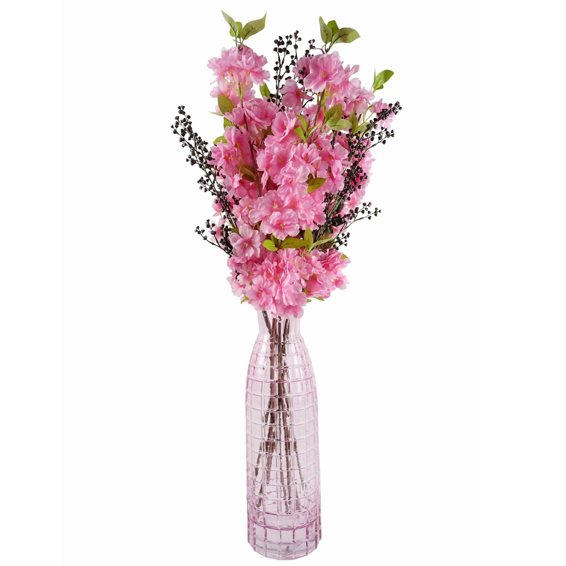 Leaf 100cm Pink Artificial Blossom and Berry Arrangement with Pink Square Glass Vase
