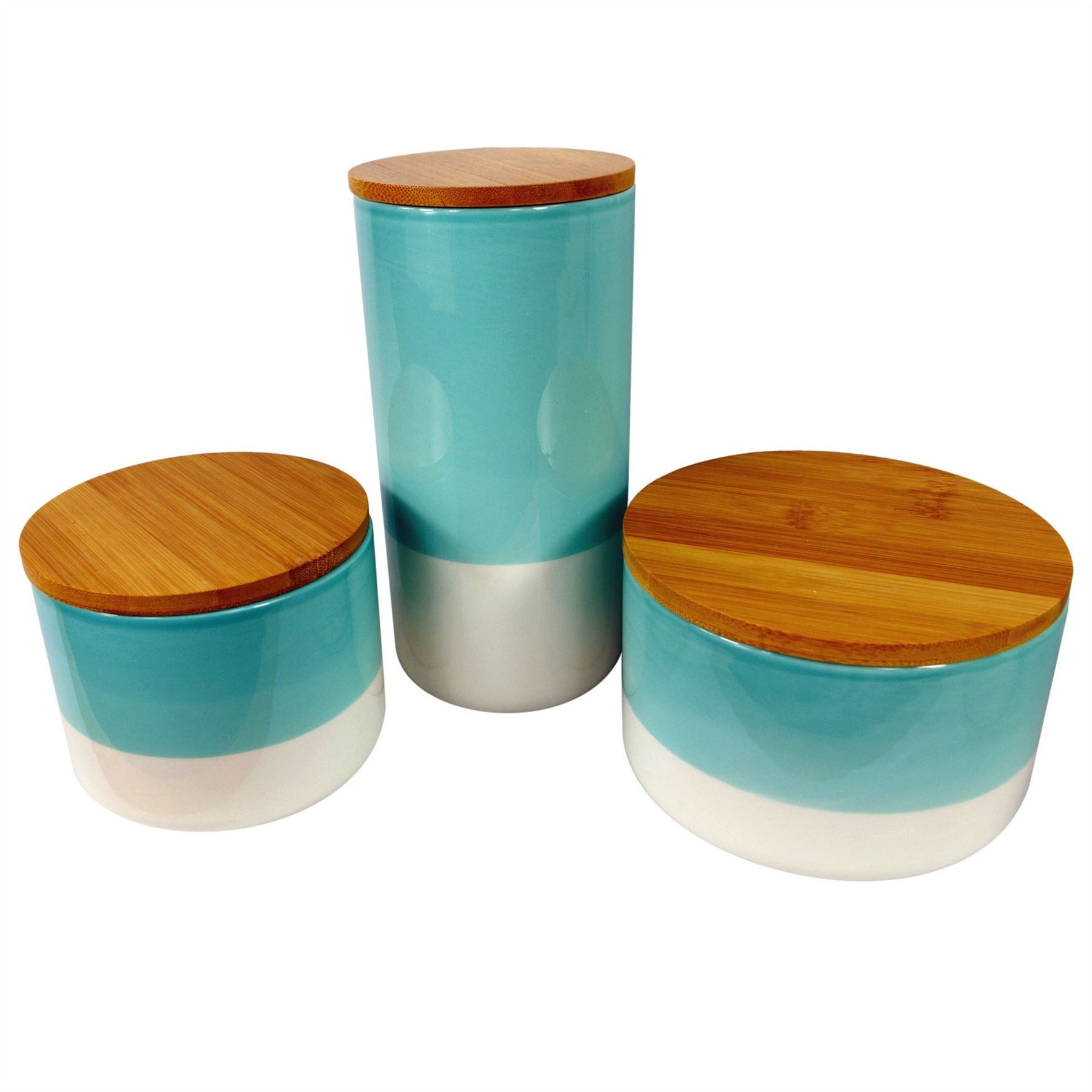 Leaf Set of Three Aqua Green Ceramic Kitchen Storage Canisters with Bamboo Lids