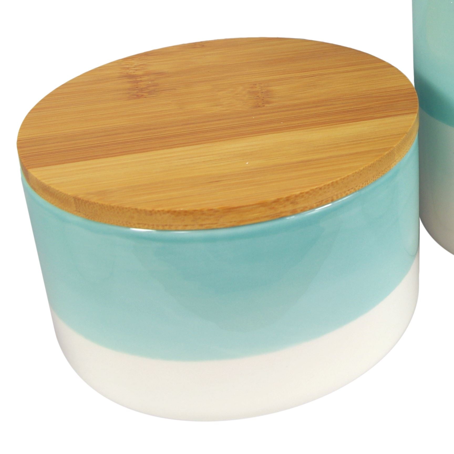Leaf Set of Three Aqua Green Ceramic Kitchen Storage Canisters with Bamboo Lids