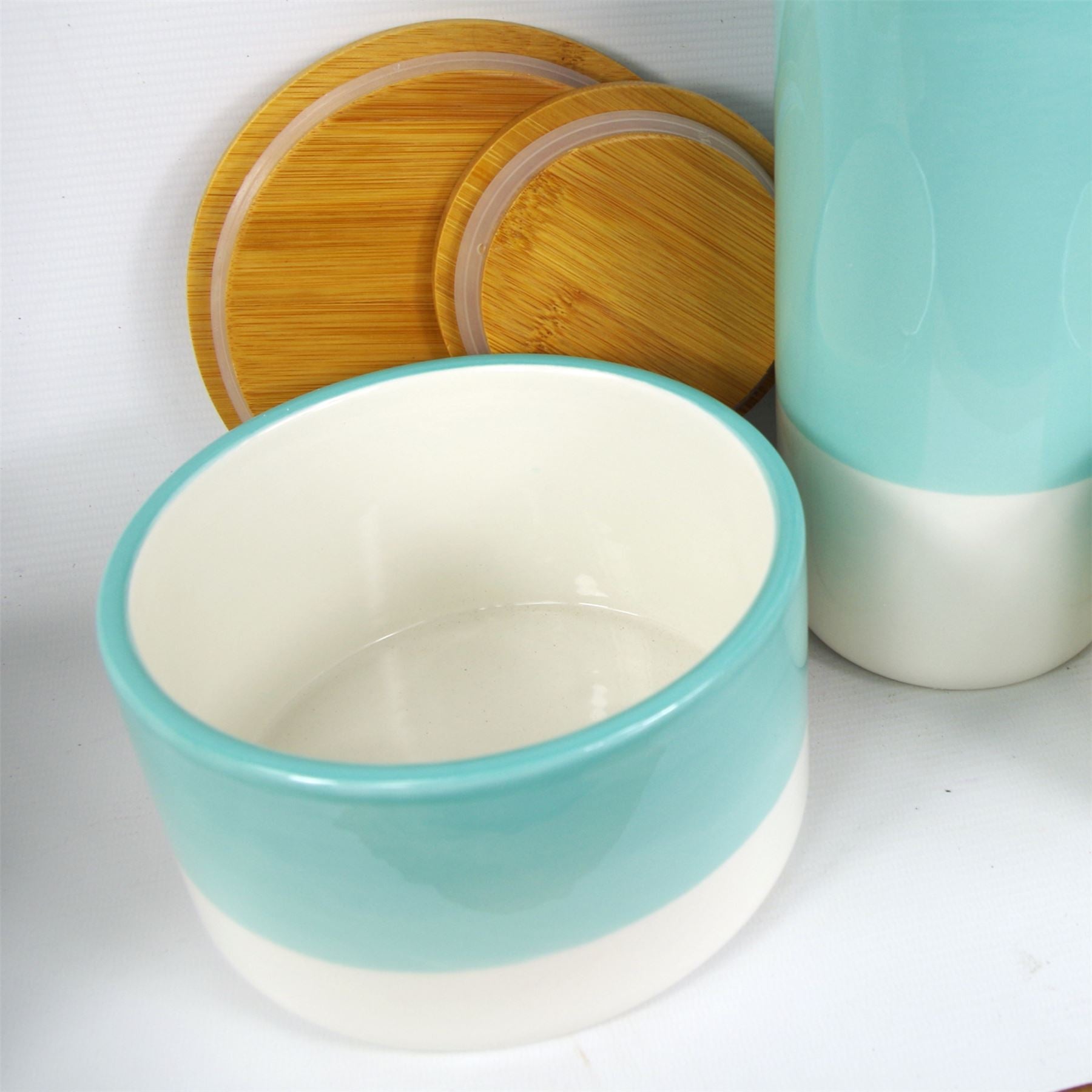 Leaf Set of Three Aqua Green Ceramic Kitchen Storage Canisters with Bamboo Lids