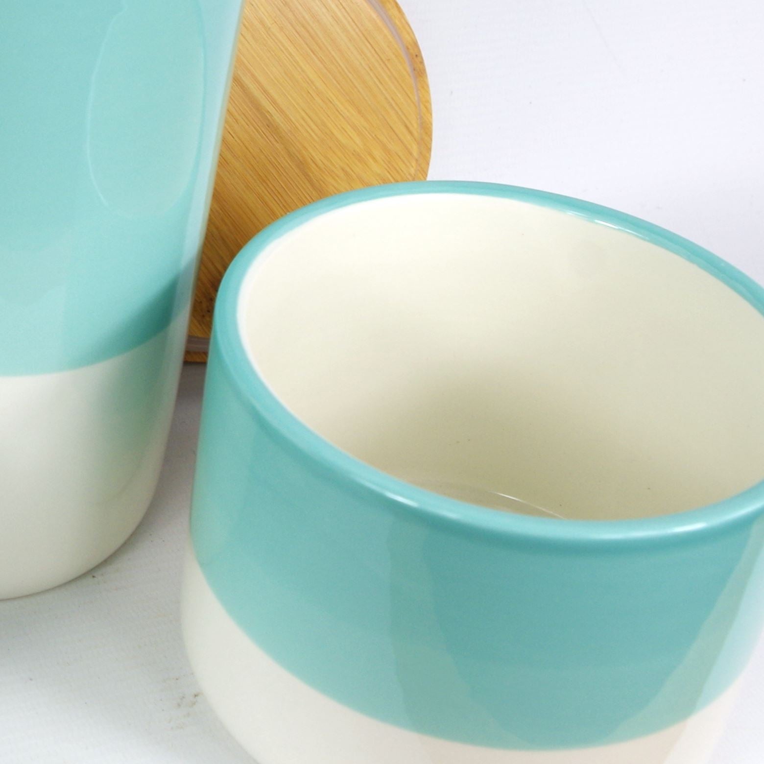 Leaf Set of Three Aqua Green Ceramic Kitchen Storage Canisters with Bamboo Lids