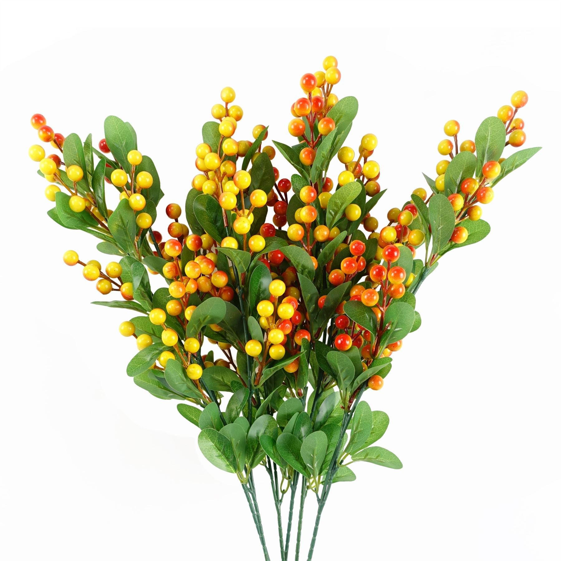Leaf Pack of 6 Artificial Orange Berry Stems with Plastic Leaves, 70cm