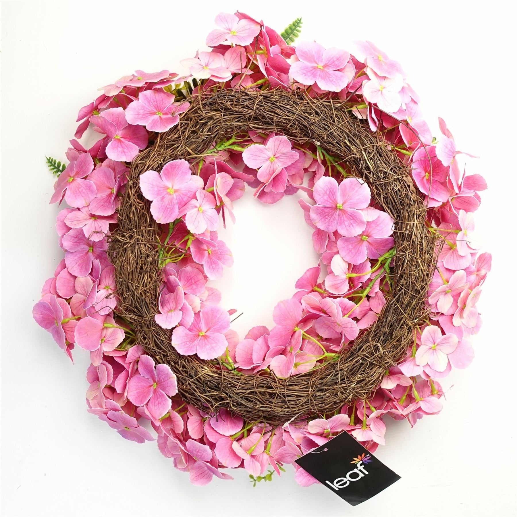 Leaf 40cm Large Artificial Pink Blossom Wreath with Natural Woven Base