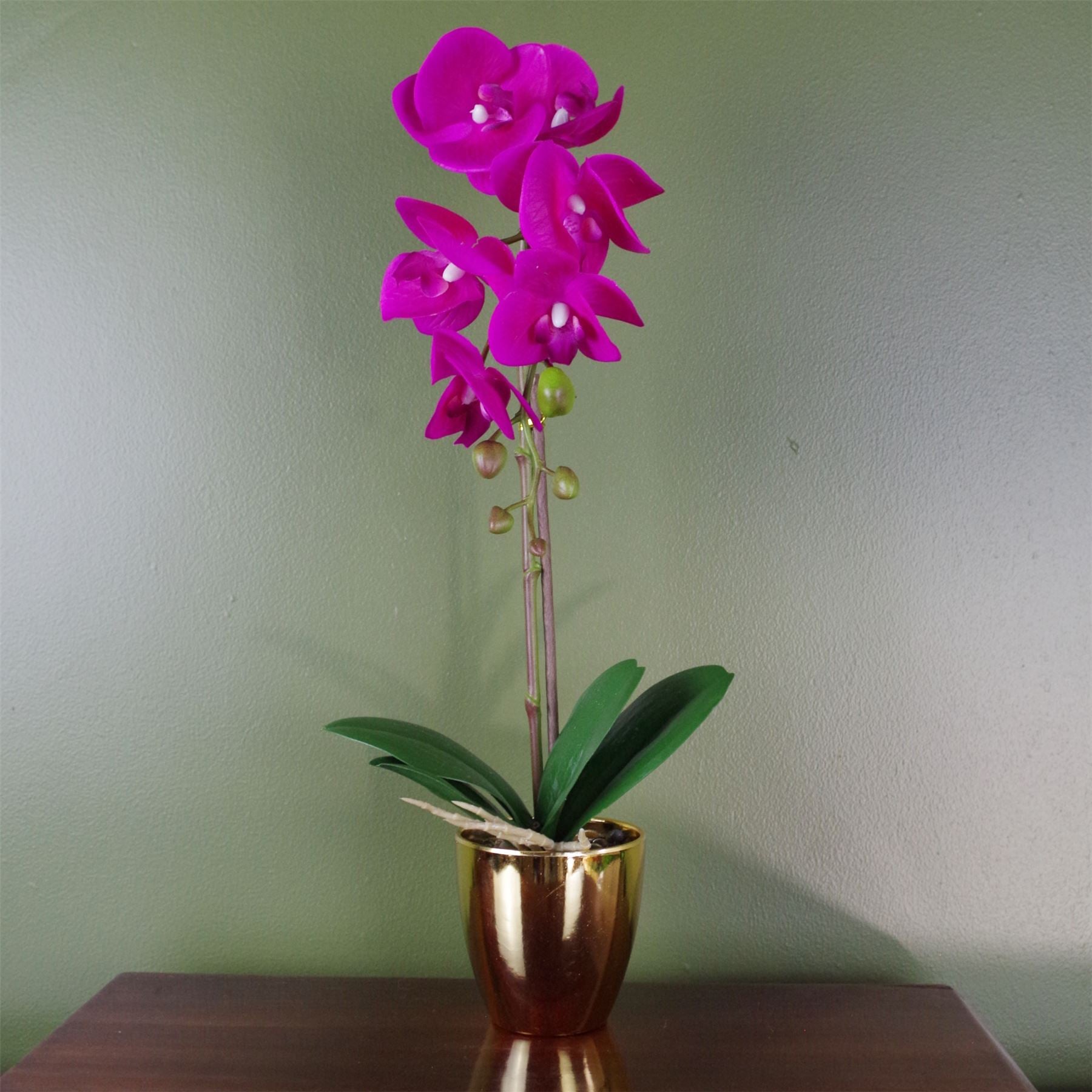 Leaf 46cm Artificial Orchid in Decorative Pot with Fixed Gravel Topping, Real Touch Flowers