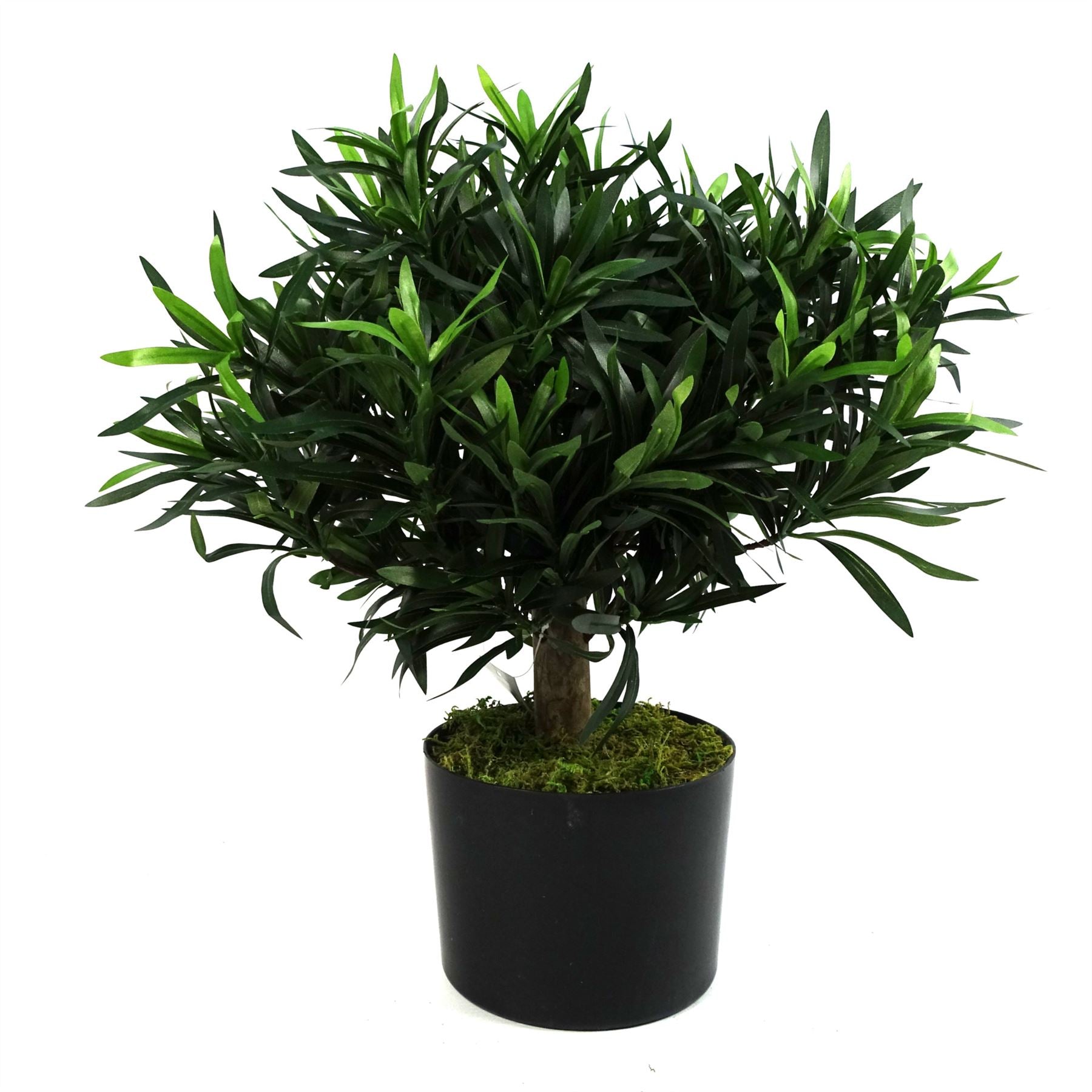 Leaf 40cm Podocarpus Artificial Bush with Natural Wood Trunk and Silk Leaves, Potted Plant