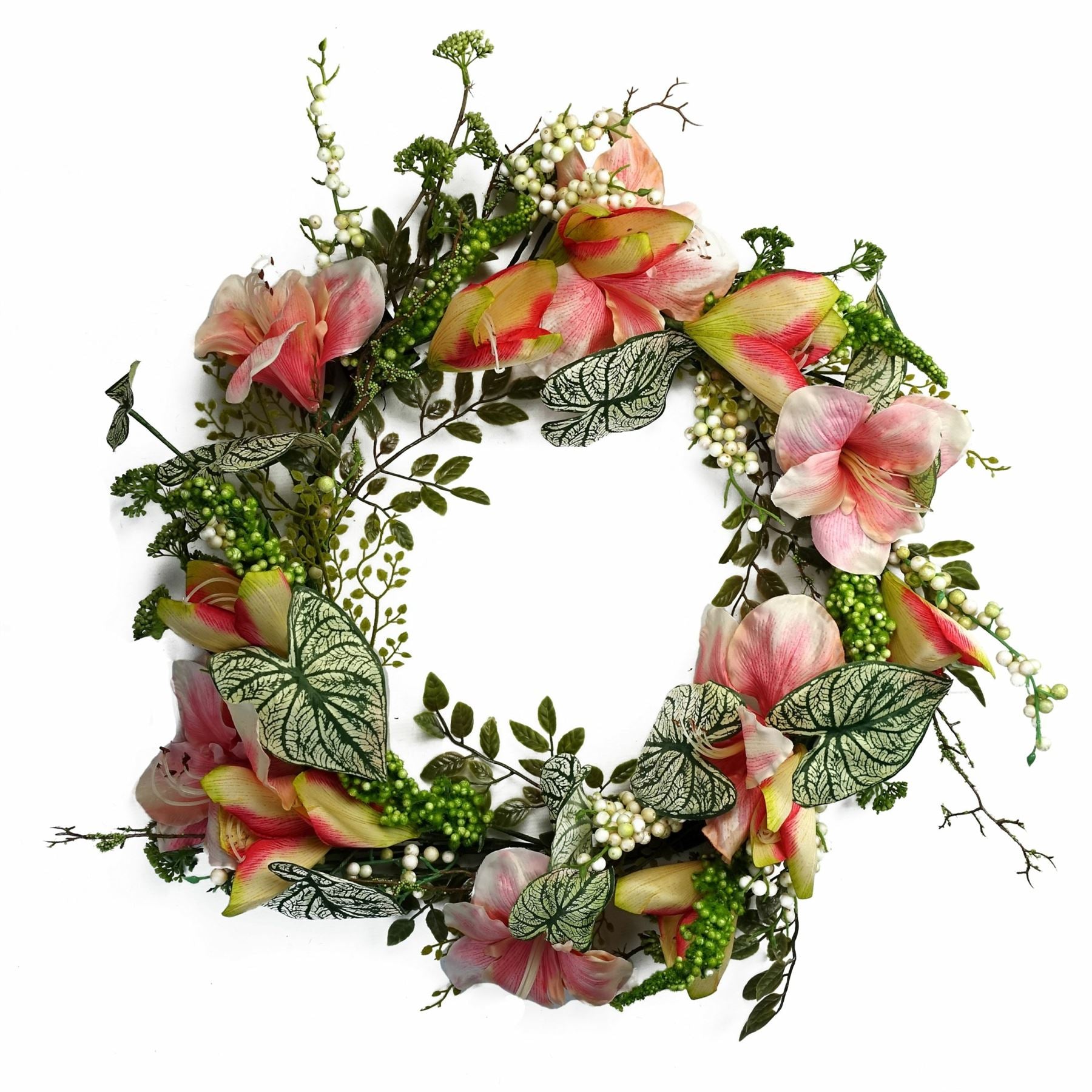 Leaf 60cm Artificial Pink Blossom Flower Wreath, Large Luxury Floristry Wreath for Doors