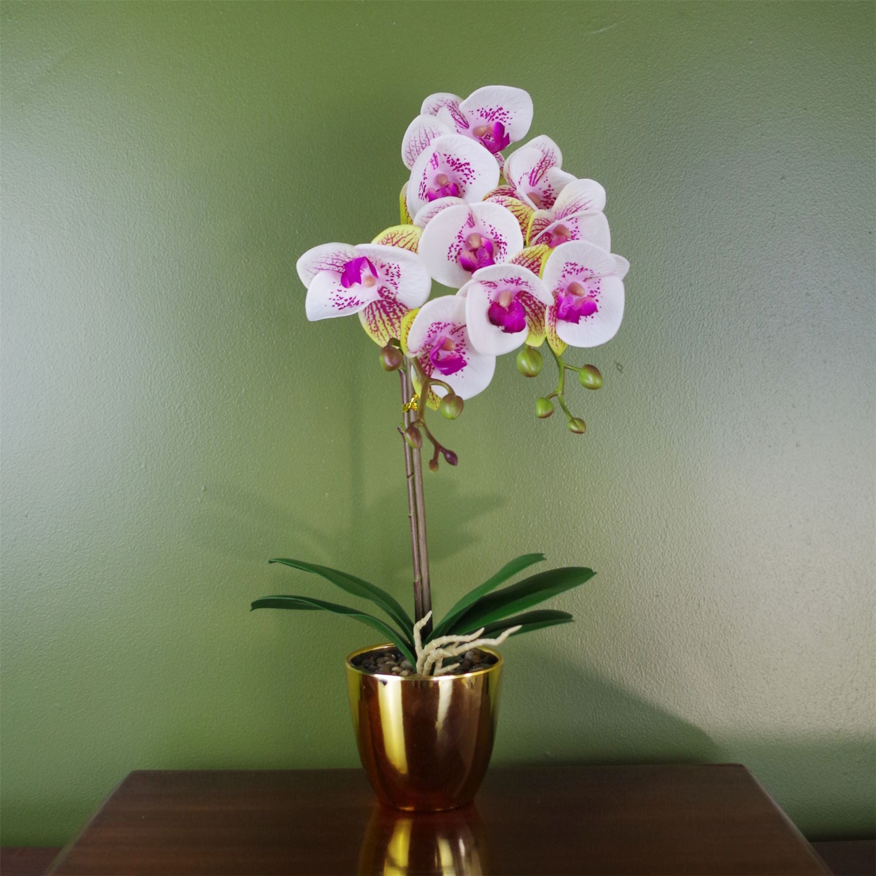 Leaf 48cm Artificial Harlequin Orchid, Pink, in Gold Decorative Pot