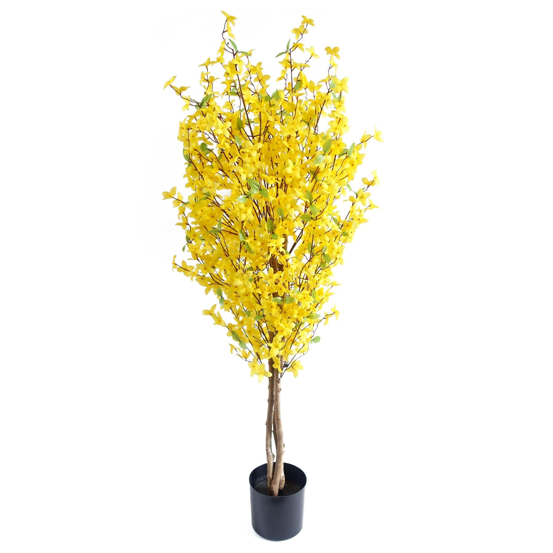 Leaf 120cm Artificial Forsythia Tree with Natural Wood Trunk and Yellow Silk Flowers, Potted