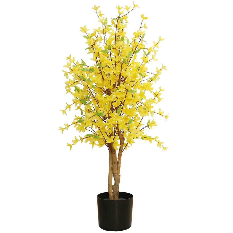 Leaf 60cm Artificial Forsythia Tree with Natural Wood Trunk and Yellow Silk Flowers