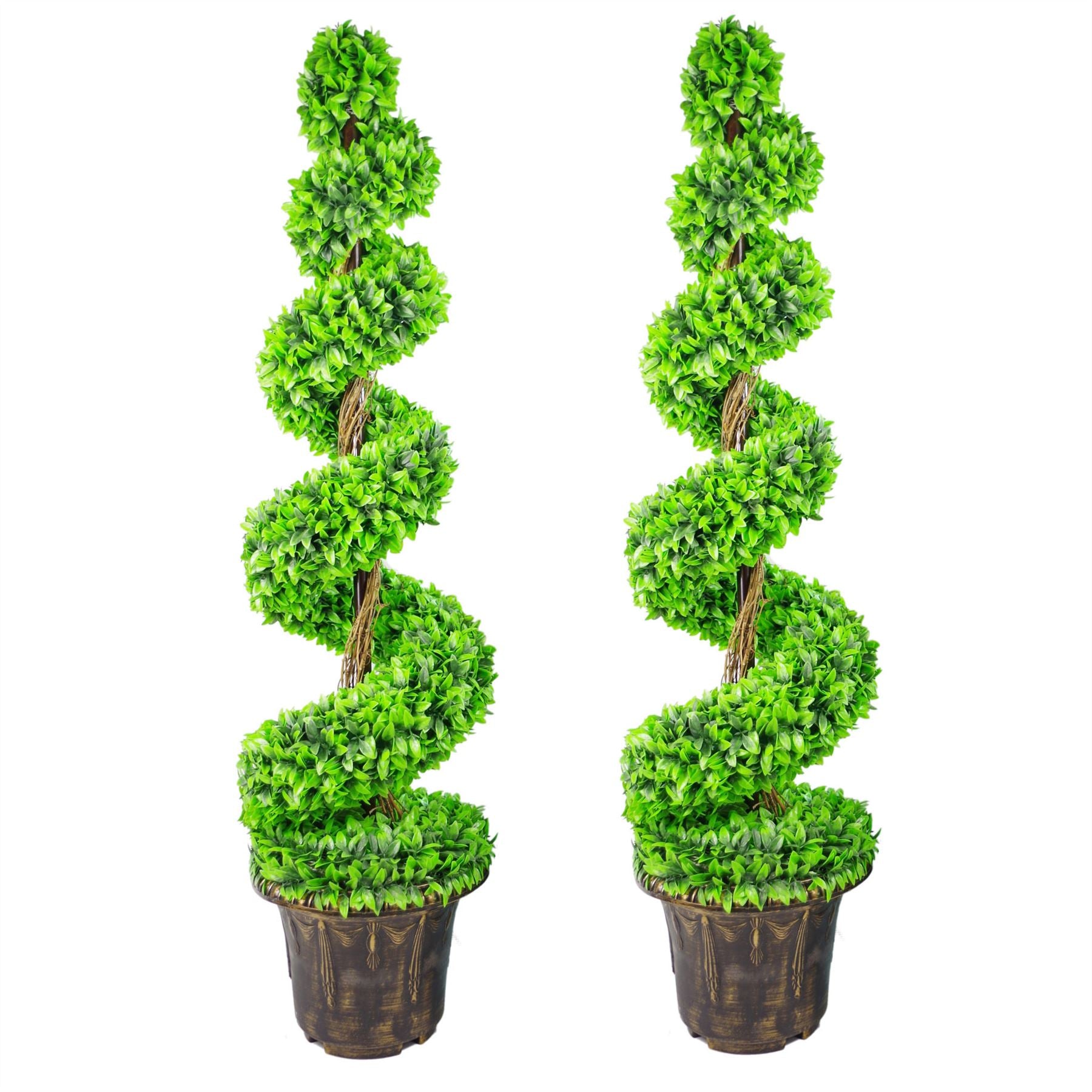 Leaf 120cm Pair Green Large Leaf Spiral Topiary Trees with Planters