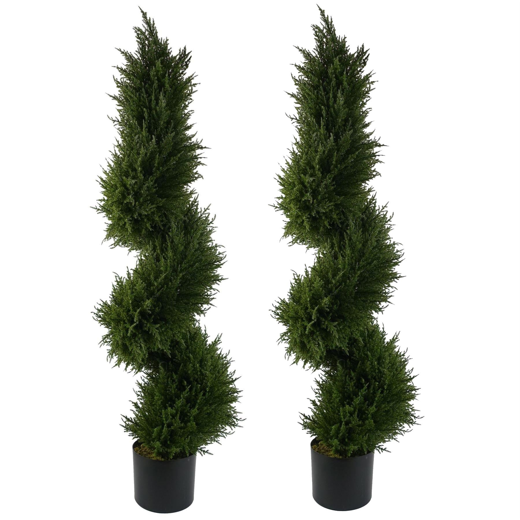 120cm Pair of Artificial Spiral Cypress Topiary Trees in Plain Plastic Pots