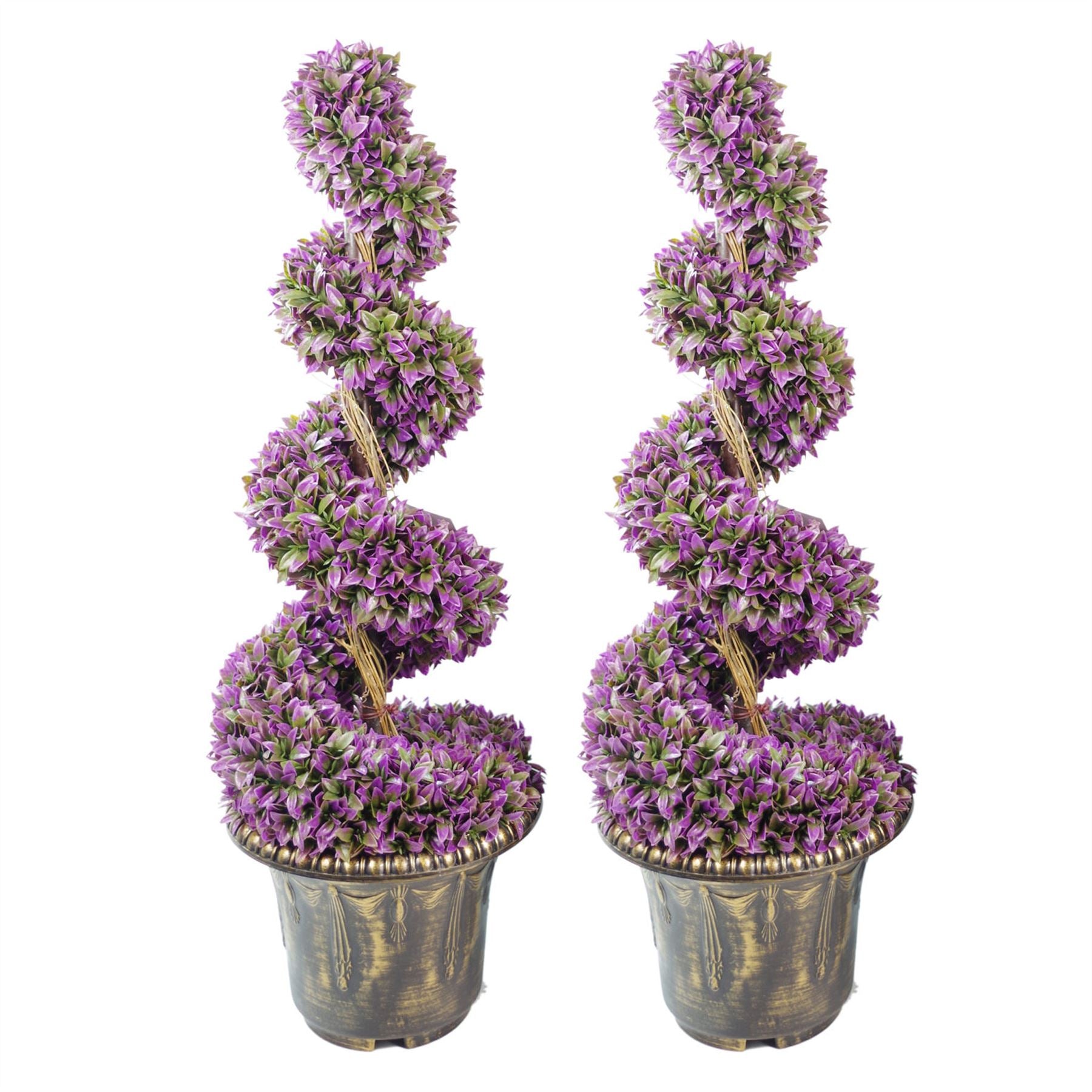 90cm Pair of Purple Large Leaf Artificial Boxwood Spiral Topiary Trees with Decorative Planters