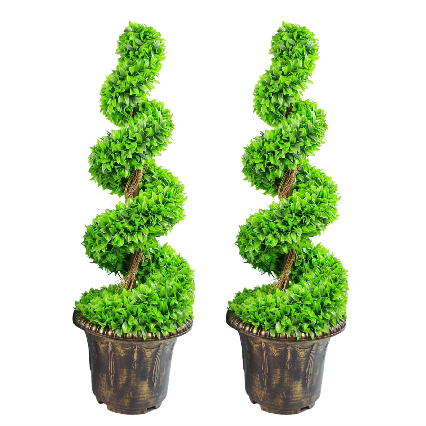 90cm Pair of Green Large Leaf Artificial Boxwood Spiral Topiary Trees with Decorative Planters
