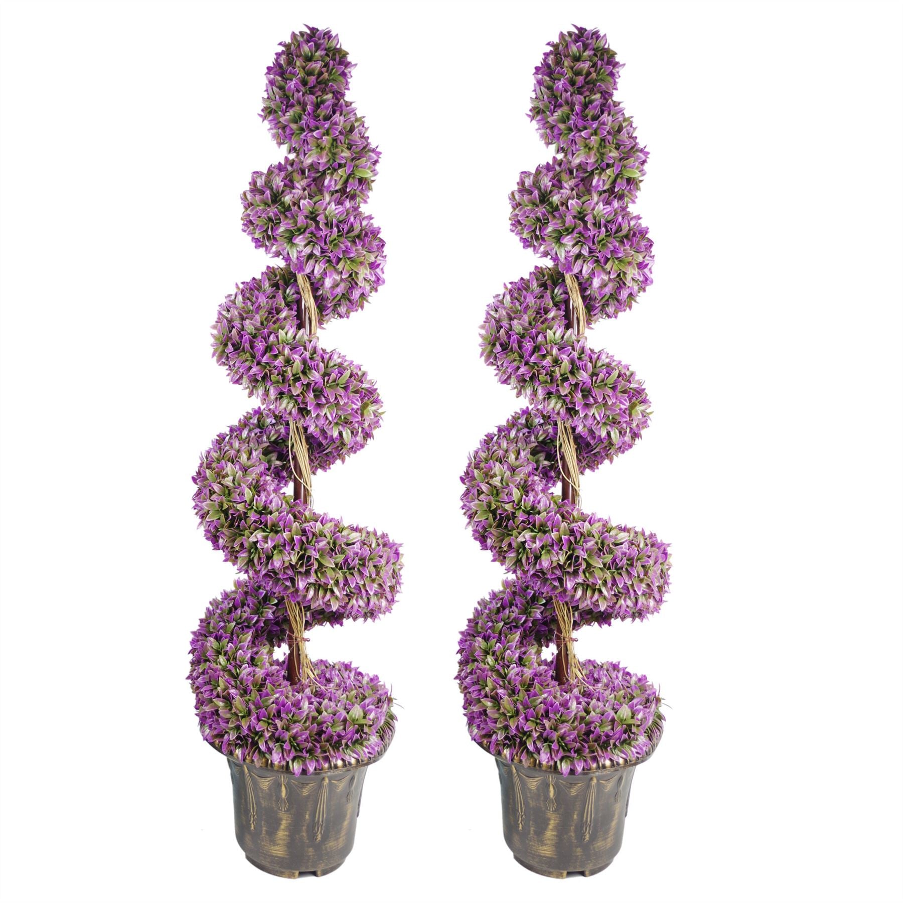 120cm Pair Purple Large Leaf Spiral Artificial Boxwood Topiary Trees with Decorative Planters