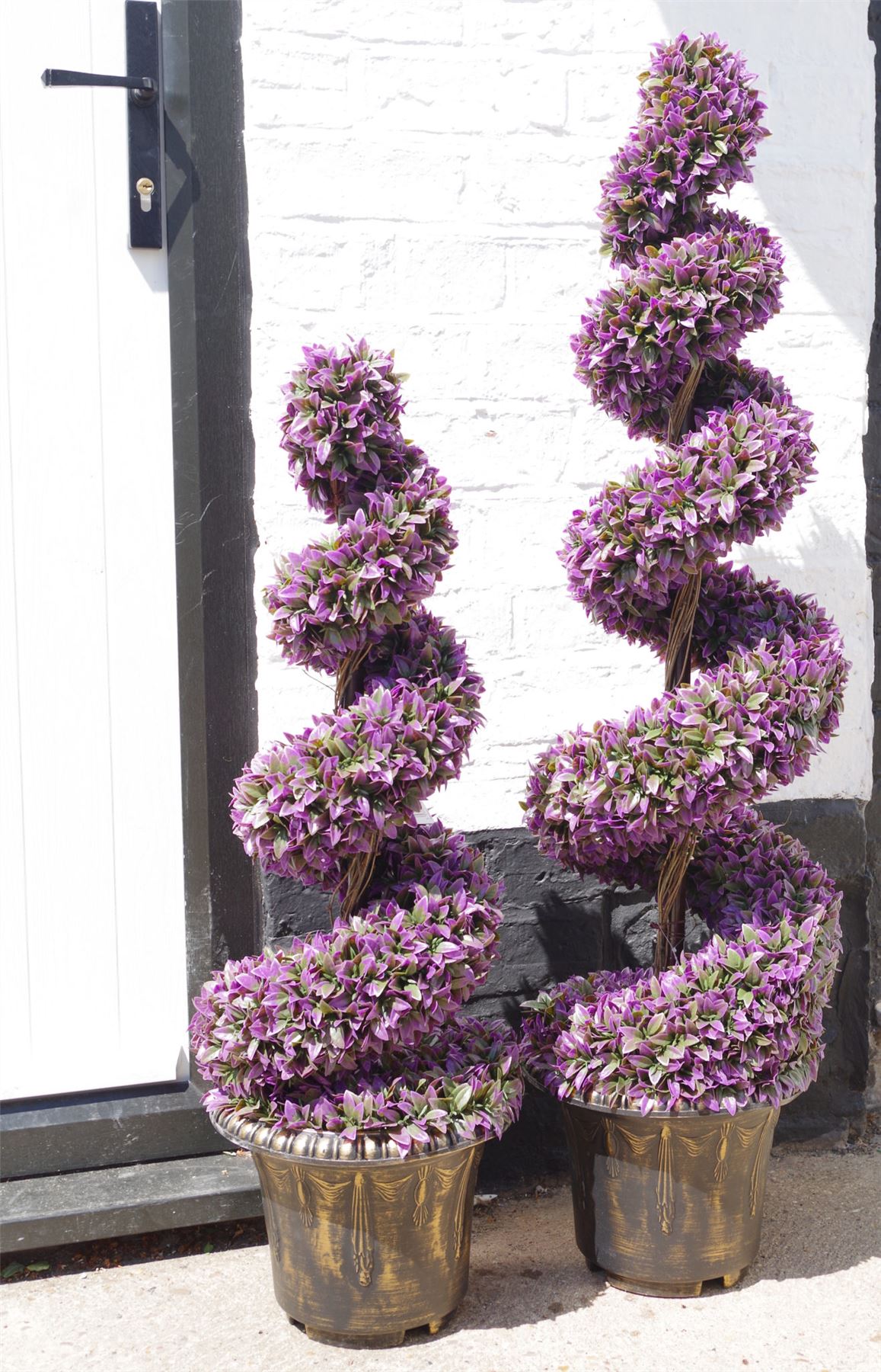 120cm Pair Purple Large Leaf Spiral Artificial Boxwood Topiary Trees with Decorative Planters