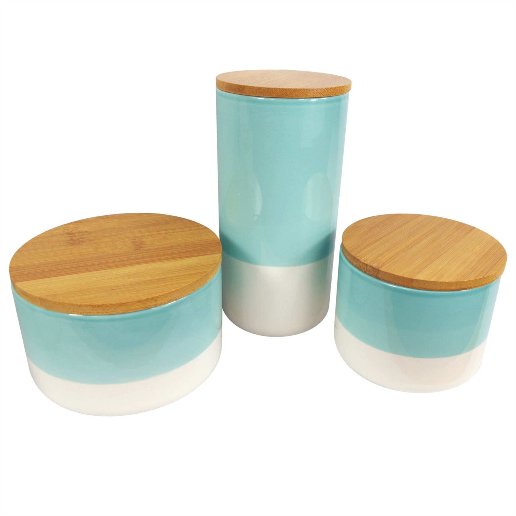 Leaf Set of Three Aqua Green Ceramic Storage Canisters with Bamboo Lids for Tea, Coffee and Sugar
