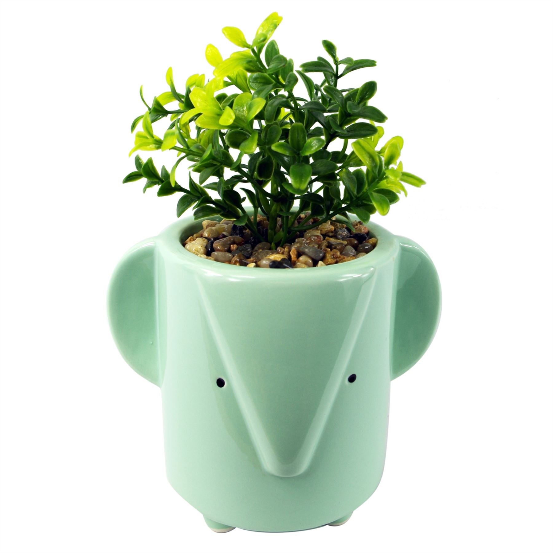 Leaf 20cm Ceramic Blue Elephant Planter with Artificial Foliage Plant