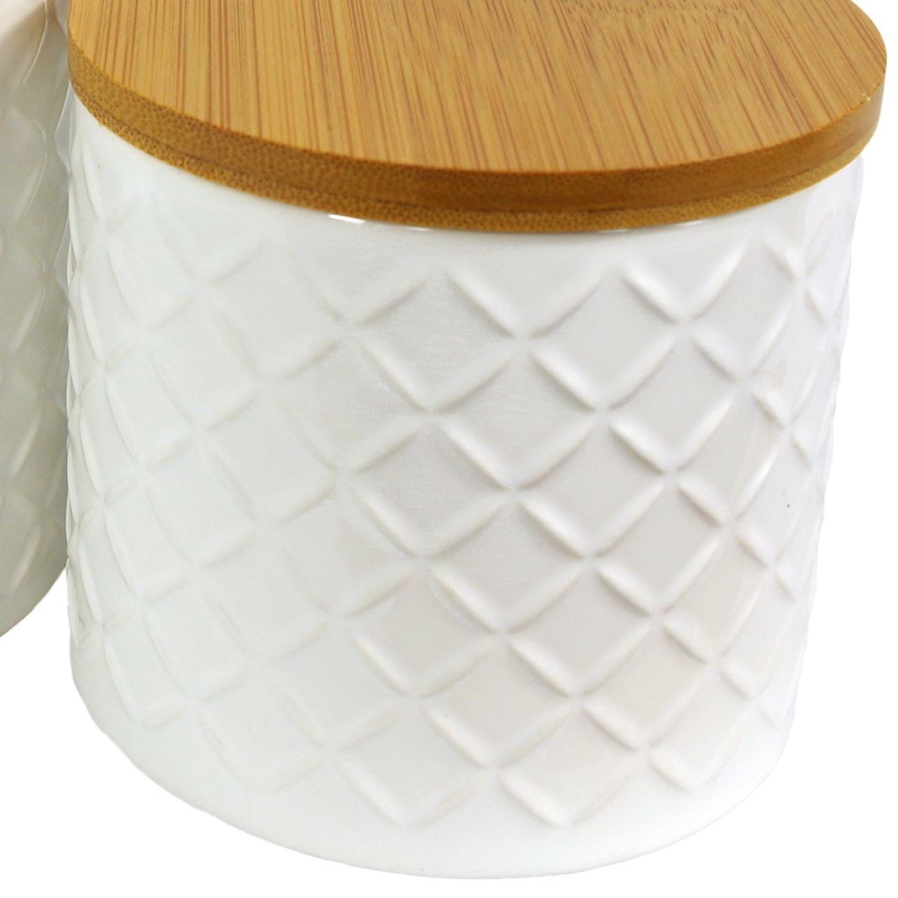 Leaf Set of 2 Embossed Cream Ceramic Kitchen Storage Canisters with Bamboo Lids