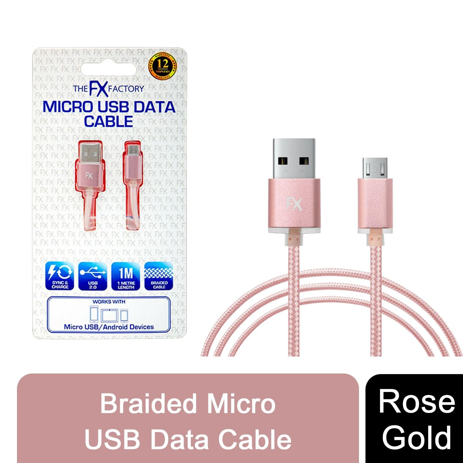 FX Braided Micro USB Data Cable, 1m, Nylon Braided, Sync and Charge