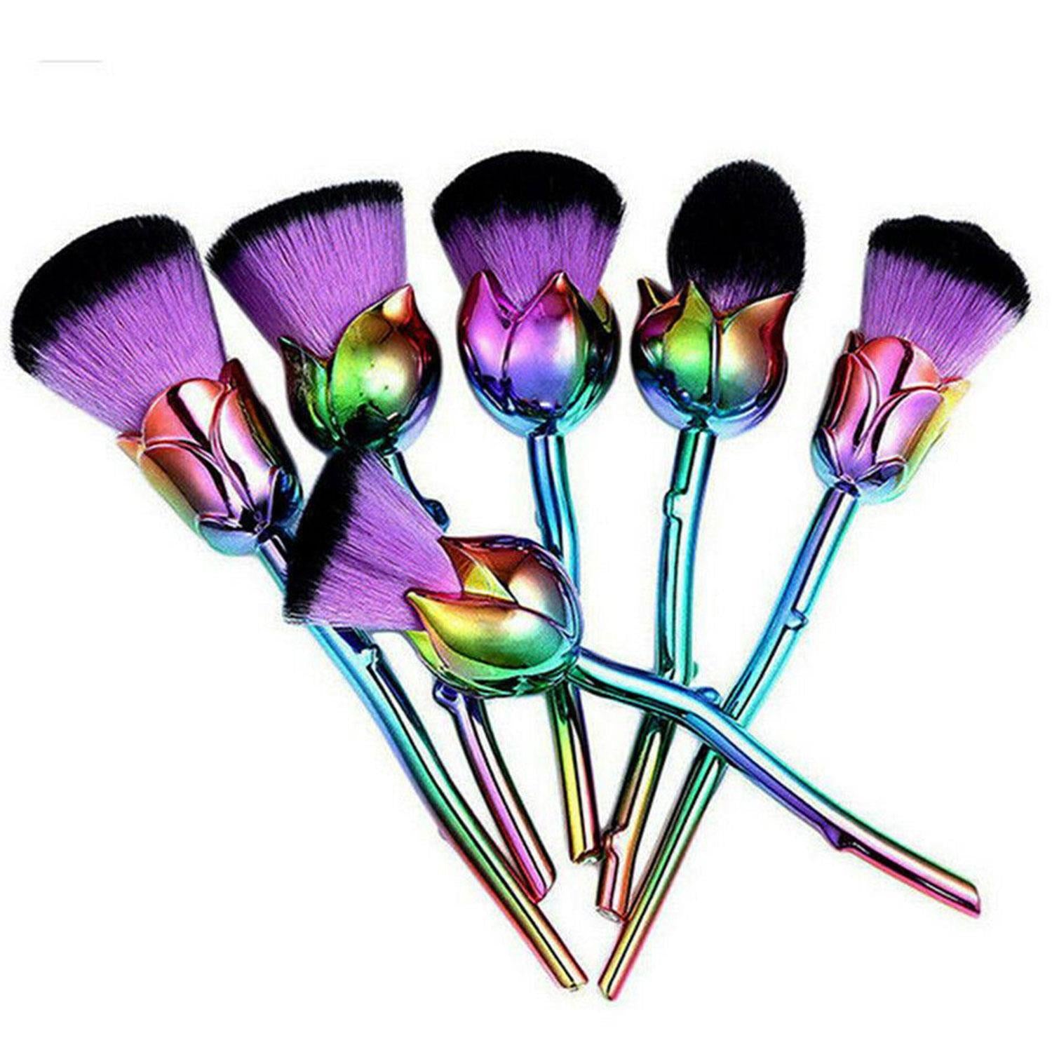 6-Piece Rose Makeup Brush Set with Synthetic Fiber Bristles and Glossy Handles