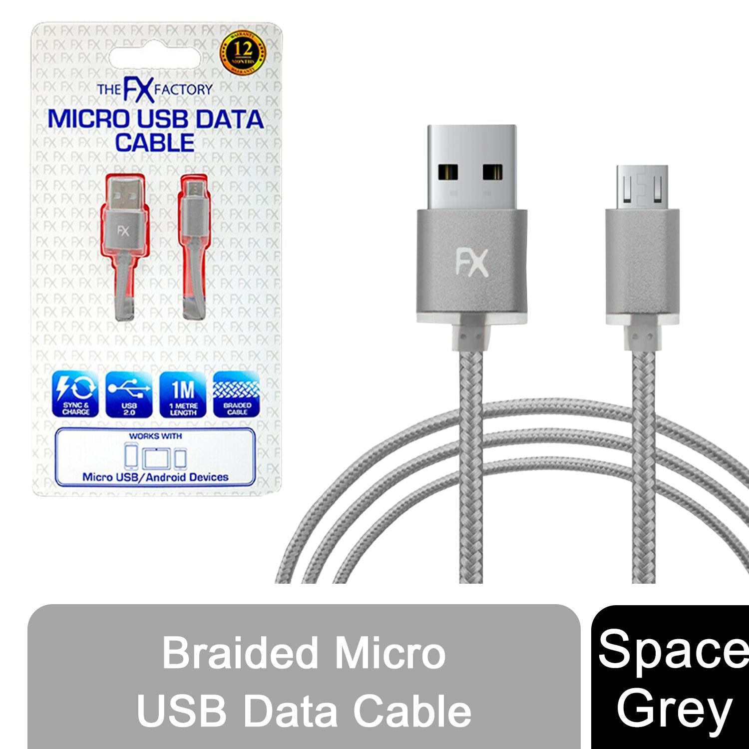 FX Braided Micro USB Data Cable, 1m, Nylon Braided