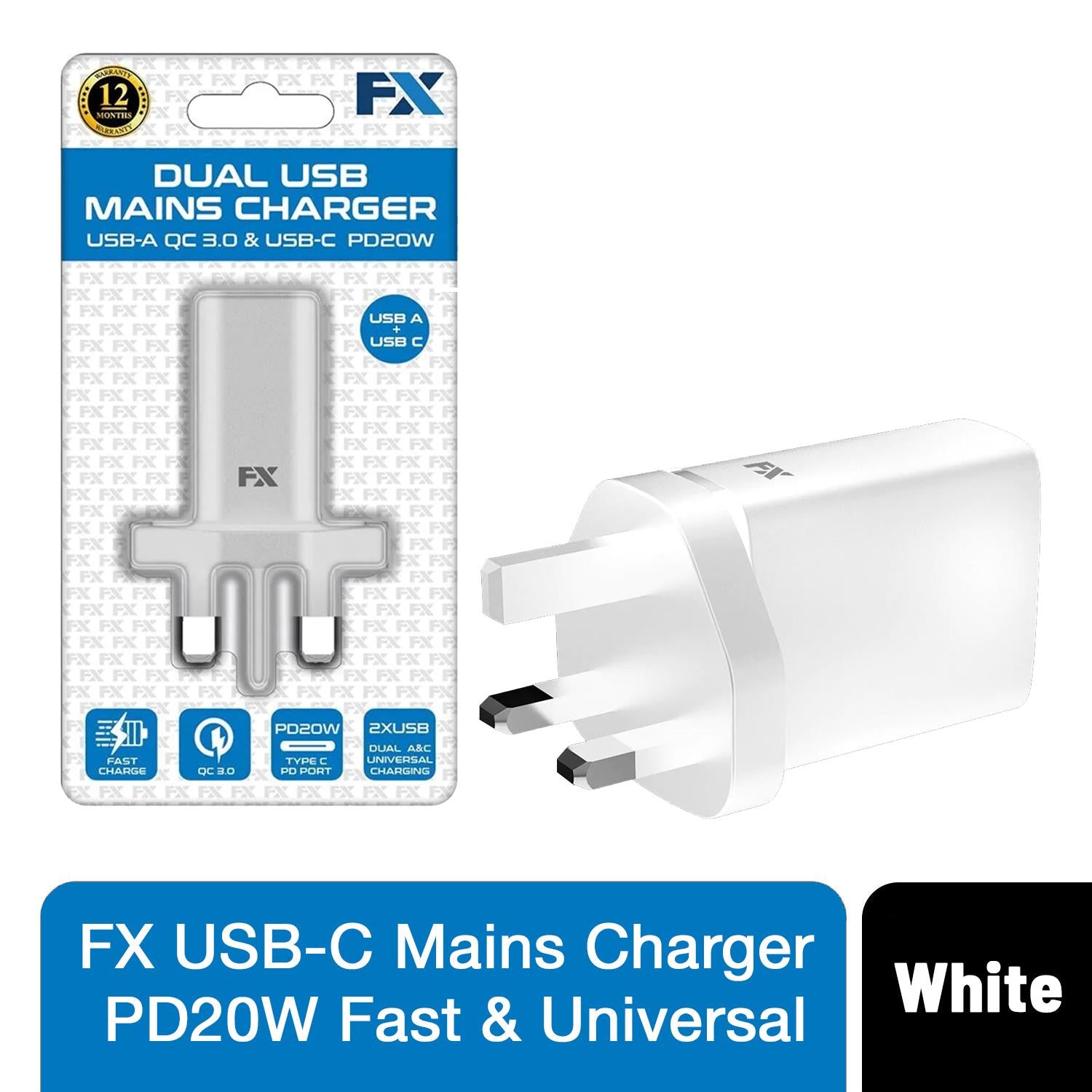 FX USB-C PD20W Fast Charger, Universal Compatible, White