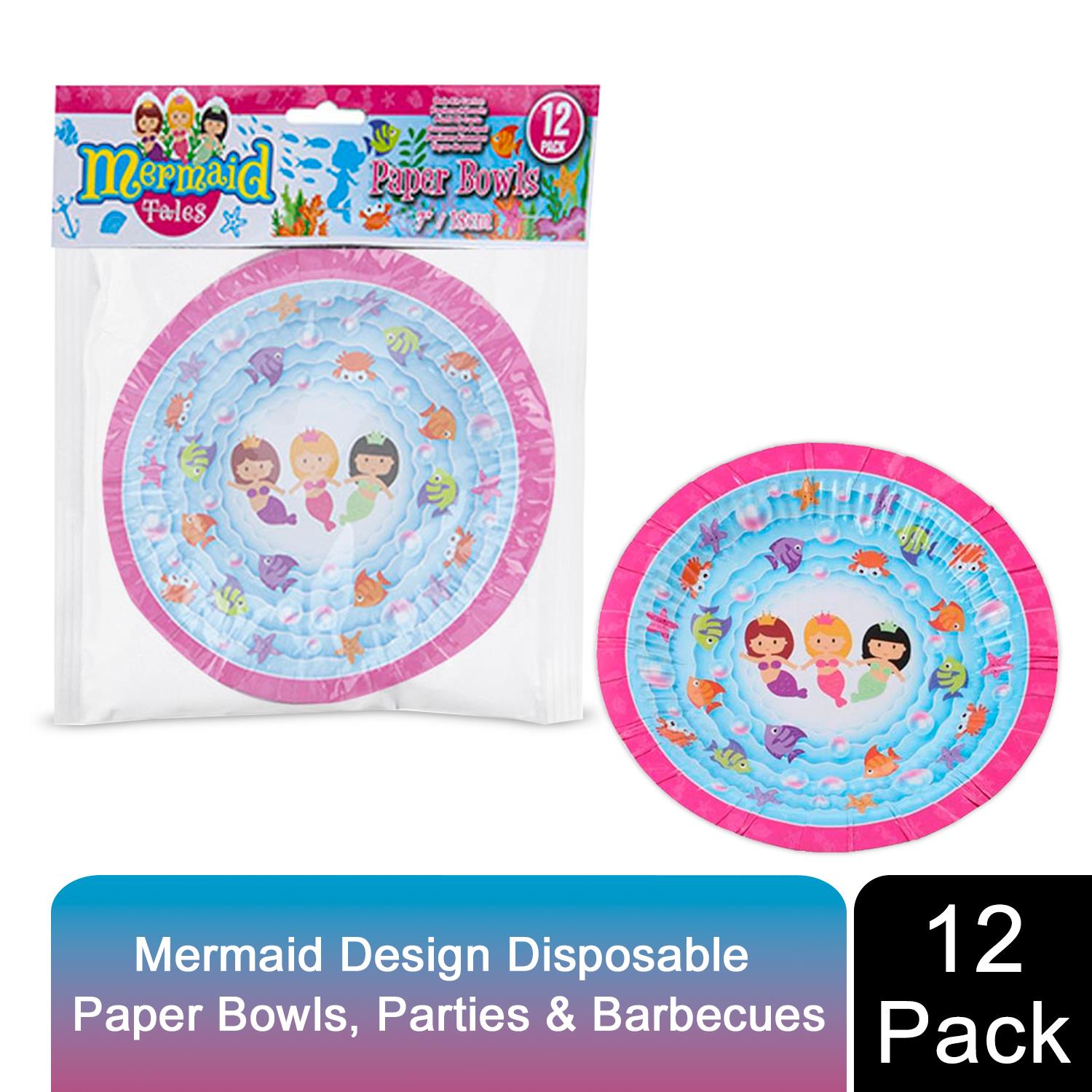 Mermaid Design 7-Inch Disposable Paper Bowls, 12 Pack for Parties, Picnics & Barbecues