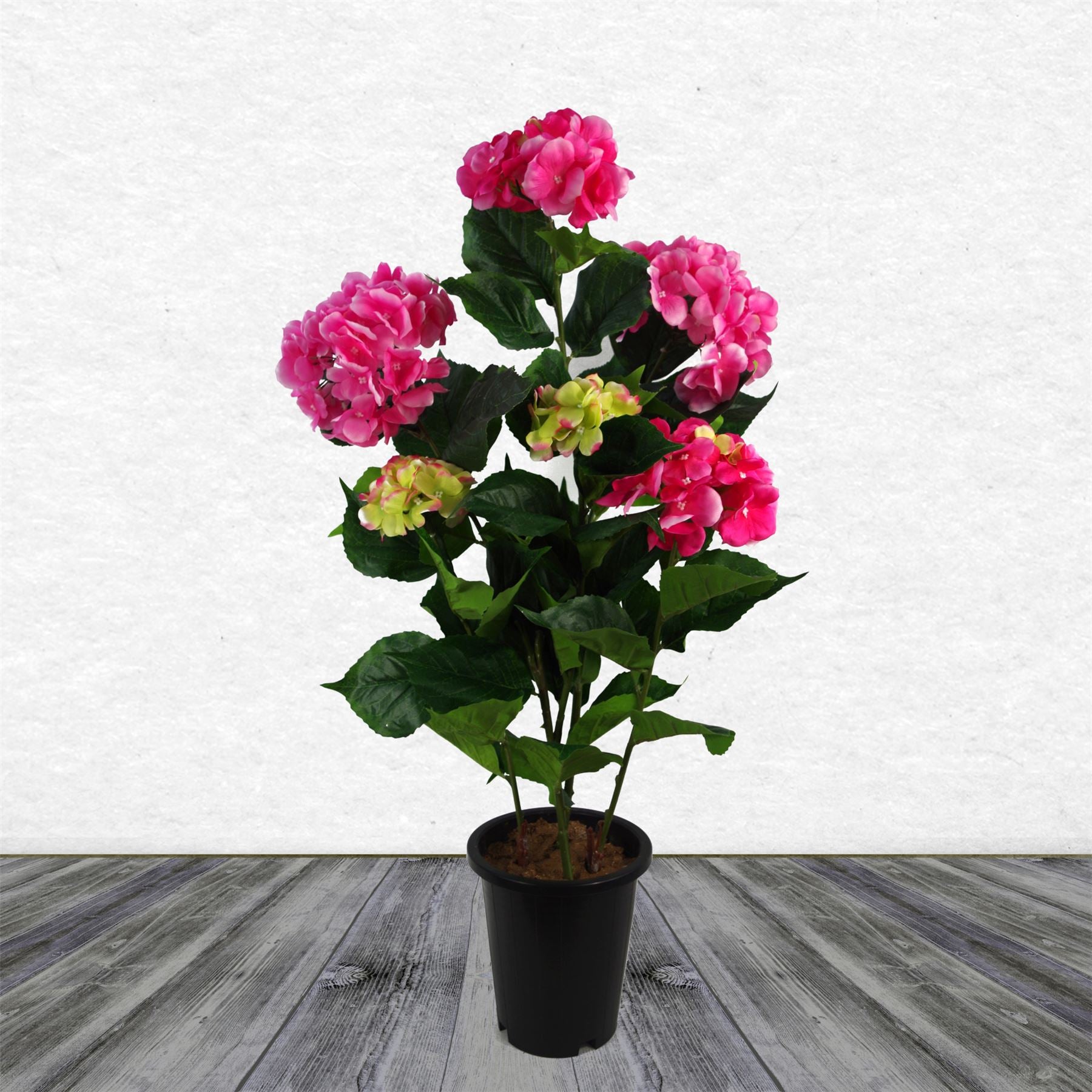 Leaf Artificial Pink Hydrangea Potted Plant with 200 Flowers, 51 Leaves, Black Plastic Pot, Indoor Use Only