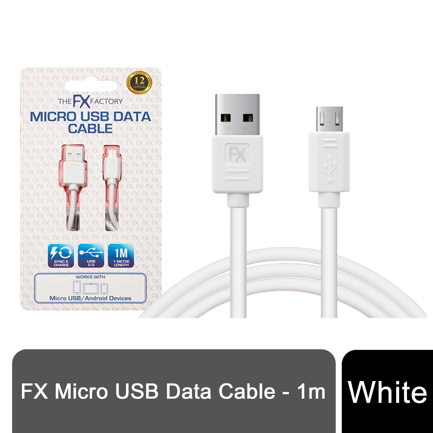 FX Powabud Micro USB Data Cable for Sync, Charge and Data Transfer - White