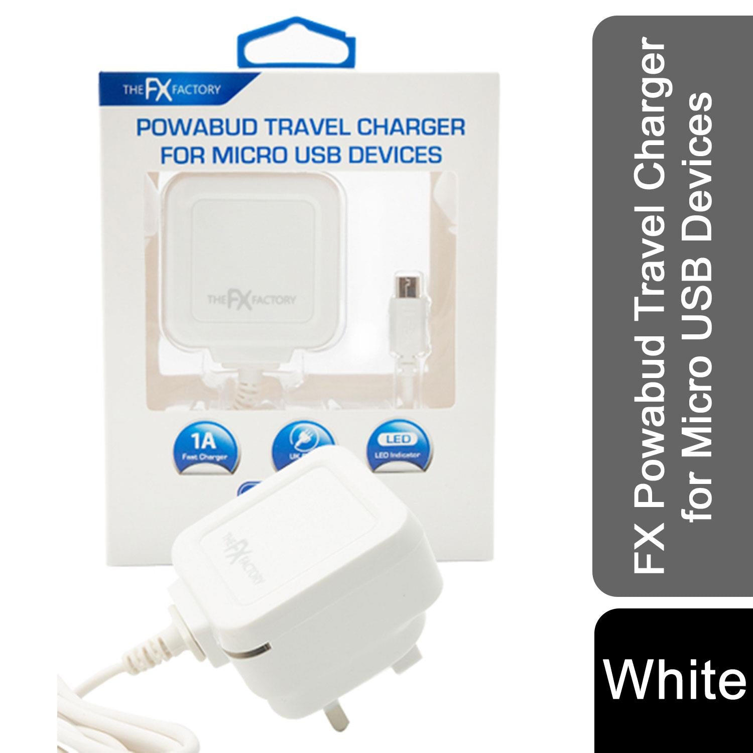 FX Powabud 1A Micro USB Mains Charger, White