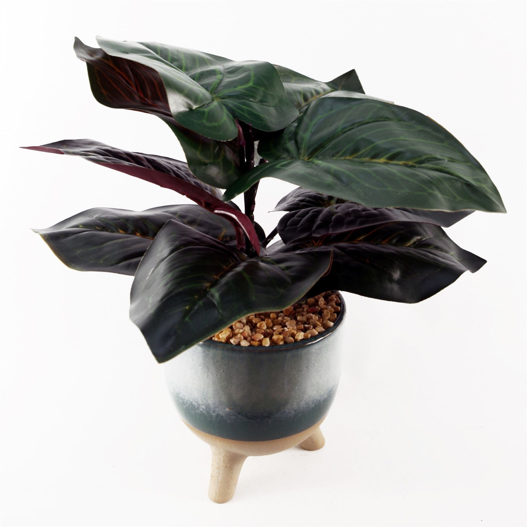 Leaf 35cm Artificial Ficus Plant in Decorative Three-Legged Ceramic Planter with Pebbles