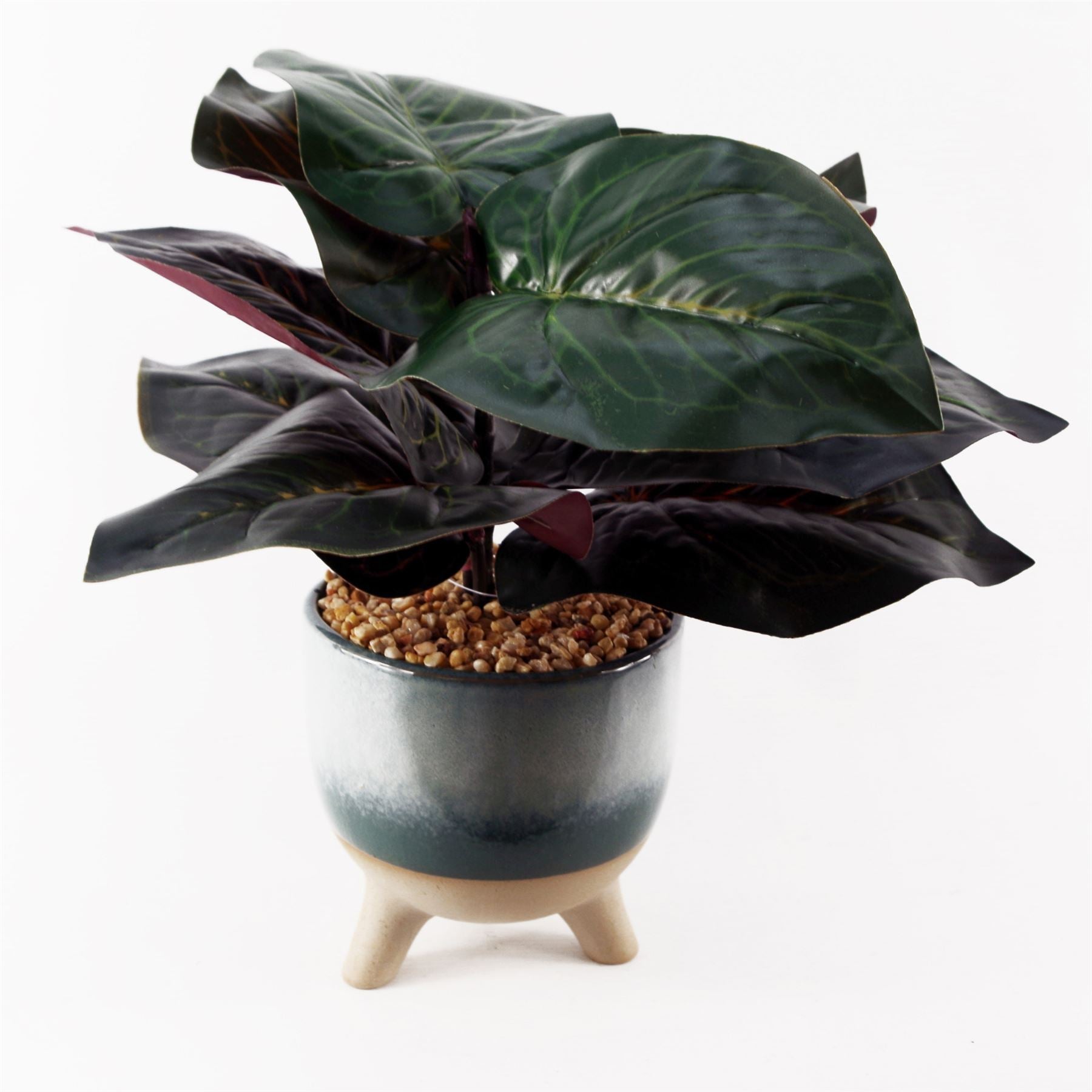 Leaf 35cm Artificial Ficus Plant in Decorative Three-Legged Ceramic Planter with Pebbles