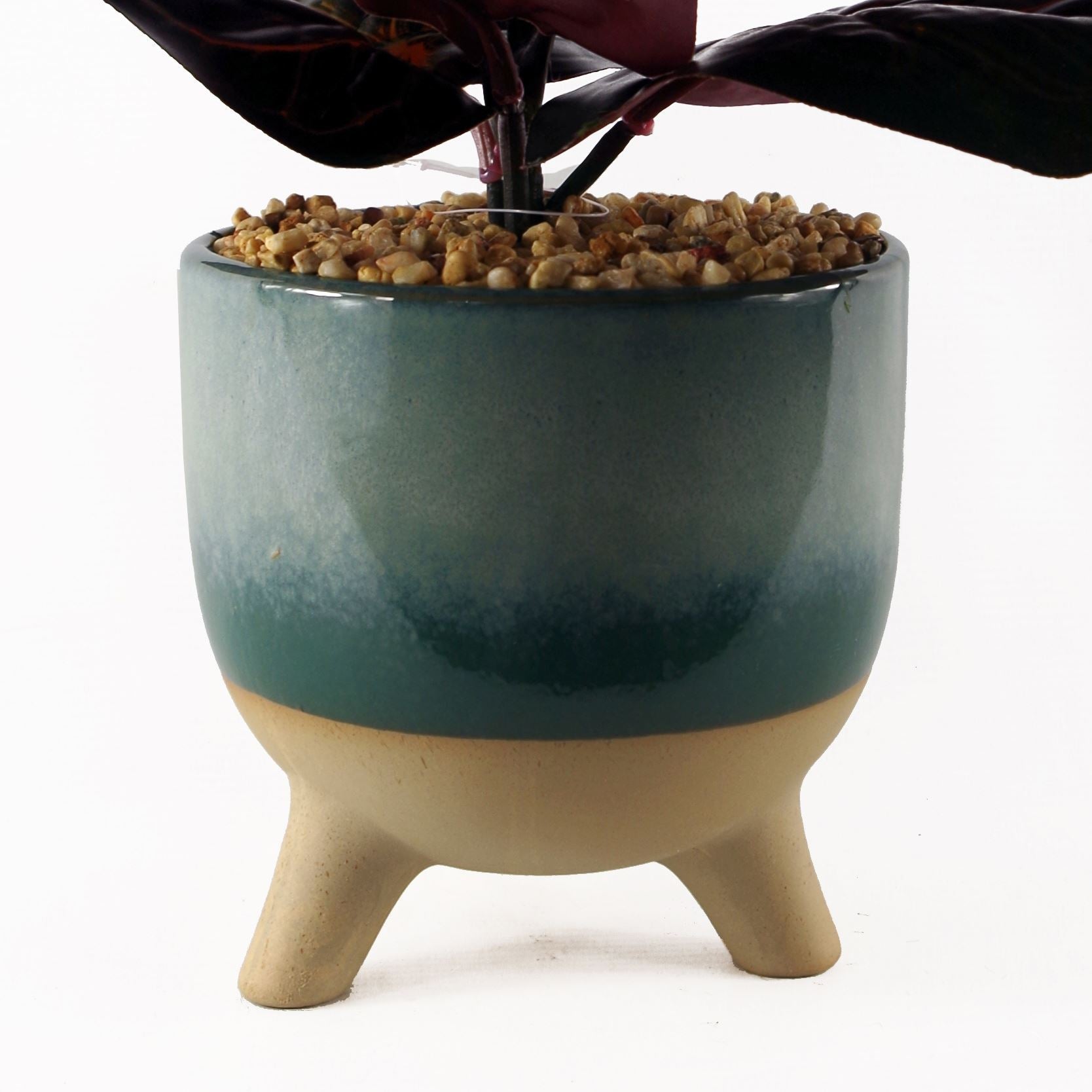 Leaf 35cm Artificial Ficus Plant in Decorative Three-Legged Ceramic Planter with Pebbles