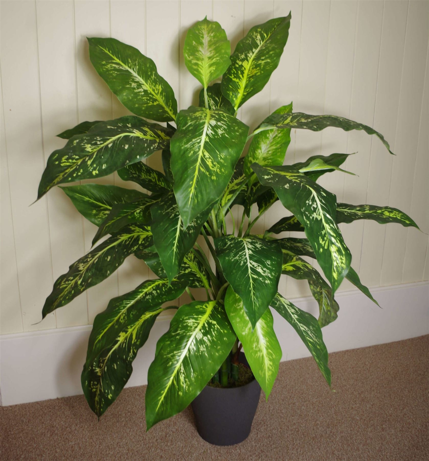 Leaf 100cm Large Fox's Aglaonema (Spotted Evergreen) Artificial Tree in Black Plastic Pot