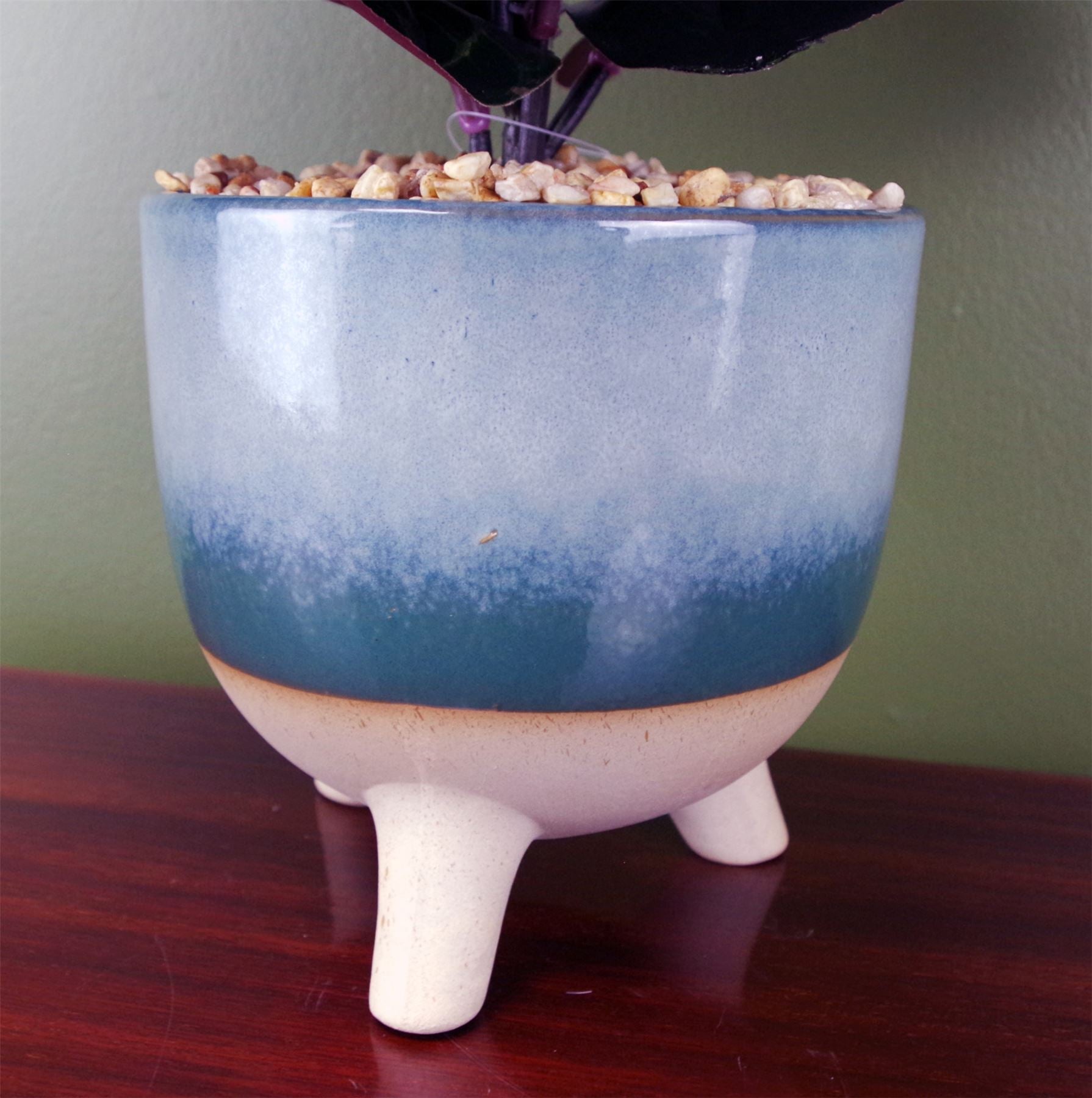 Leaf 35cm Artificial Ficus Plant in Teal Blue Green Three-Legged Ceramic Planter with Fixed Pebbles