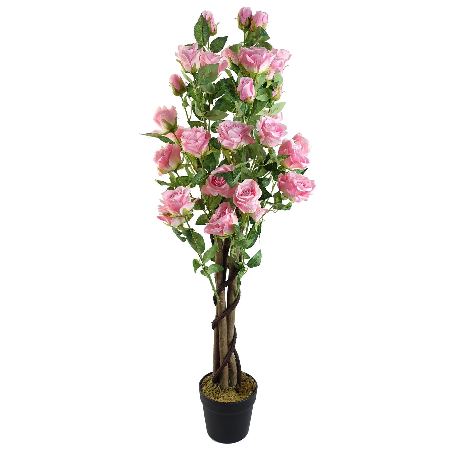 Leaf 105cm Artificial Pink Rose Tree with Silk Flowers, Natural Wooden Trunk, Potted Ready to Display