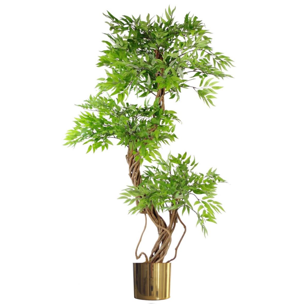 Leaf 140cm Realistic Artificial Japanese Fruticosa Ficus Tree with Premium Metal Planter Bundle, Green Gold